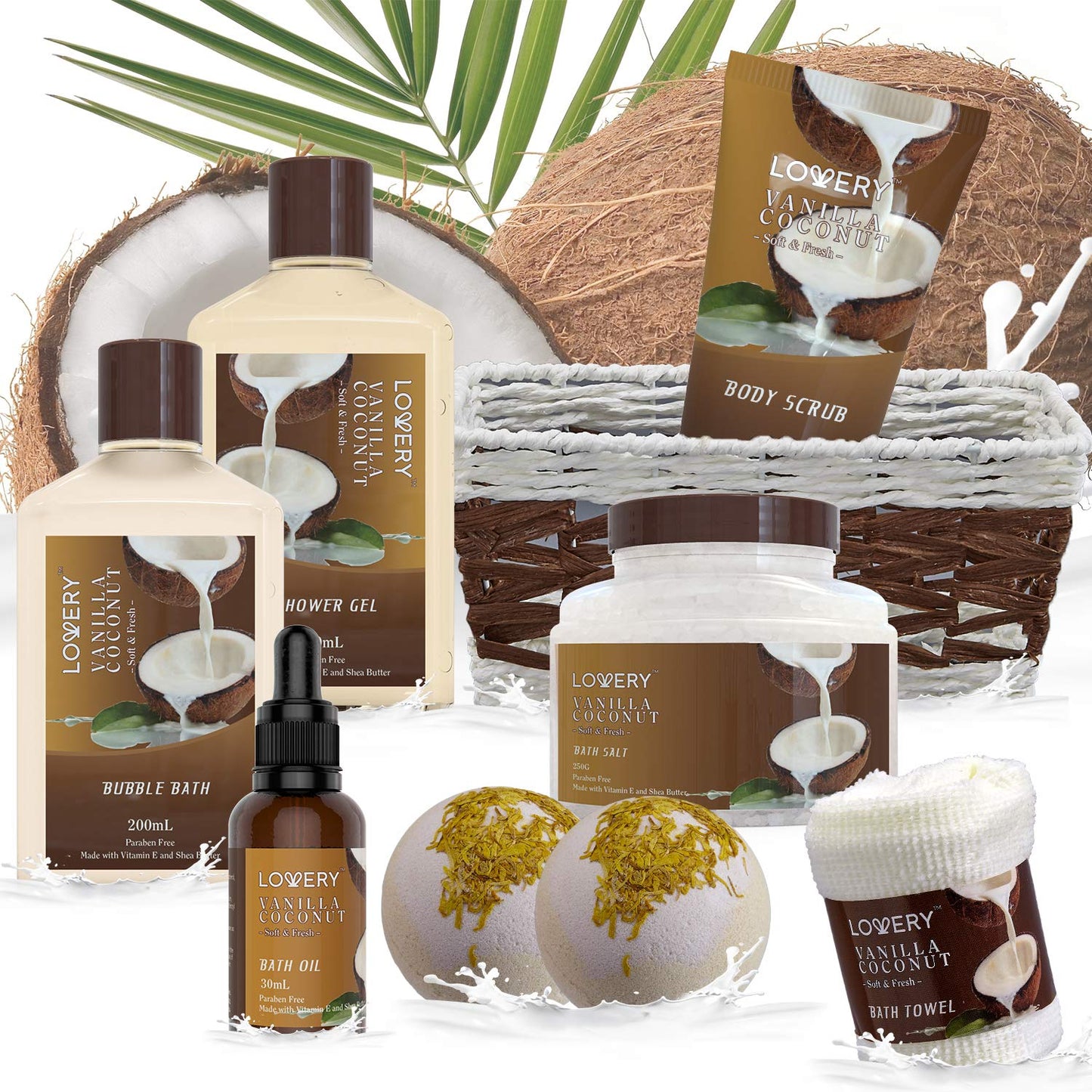 Gifts for Women Spa Basket โ 9-Piece Vanilla Coconut Set with Lotions, Bath Bombs, Coconut Oil, Luxury Towel & More