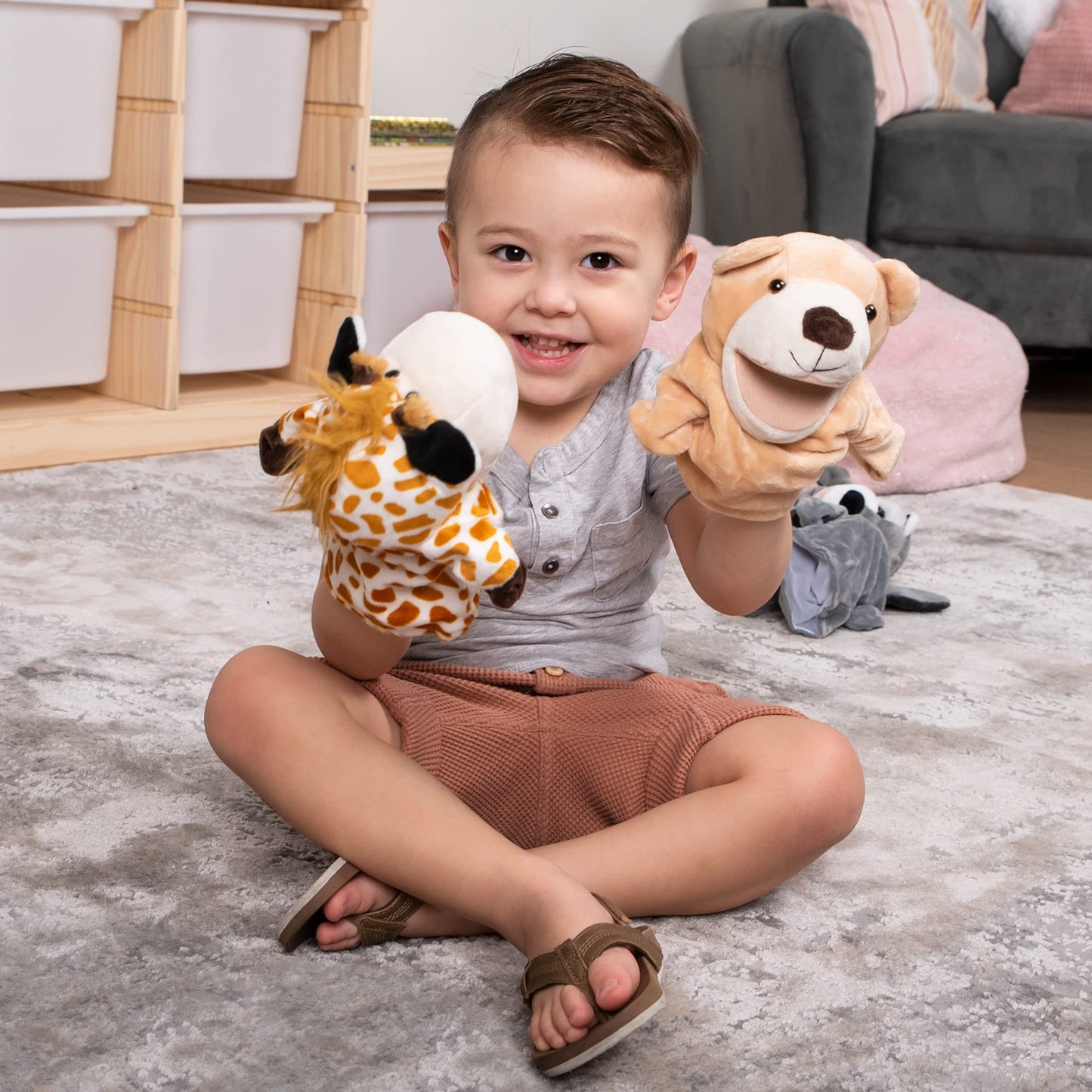 JOYIN 6Pcs Animal Hand Puppet Set with Moving Mouths – Elephant, Giraffe, Lion, Bear, Raccoon & Monkey Plush Toys for Kids Age 3+
