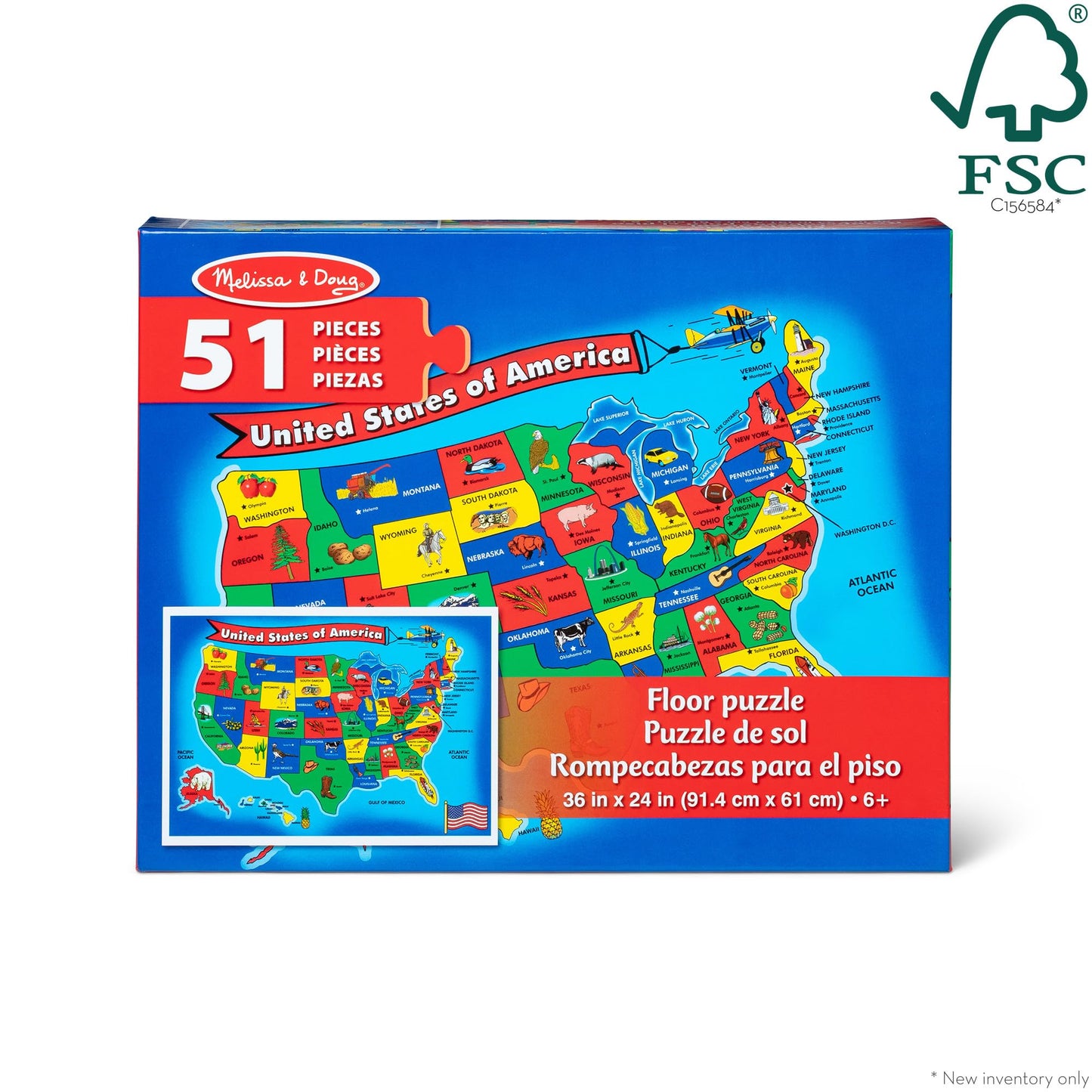 Melissa & Doug USA Map Floor Puzzle, 51 Jumbo Pieces, 2 x 3 Feet, Educational Geography Giant Puzzle for Kids Ages 6+ - FSC Certified