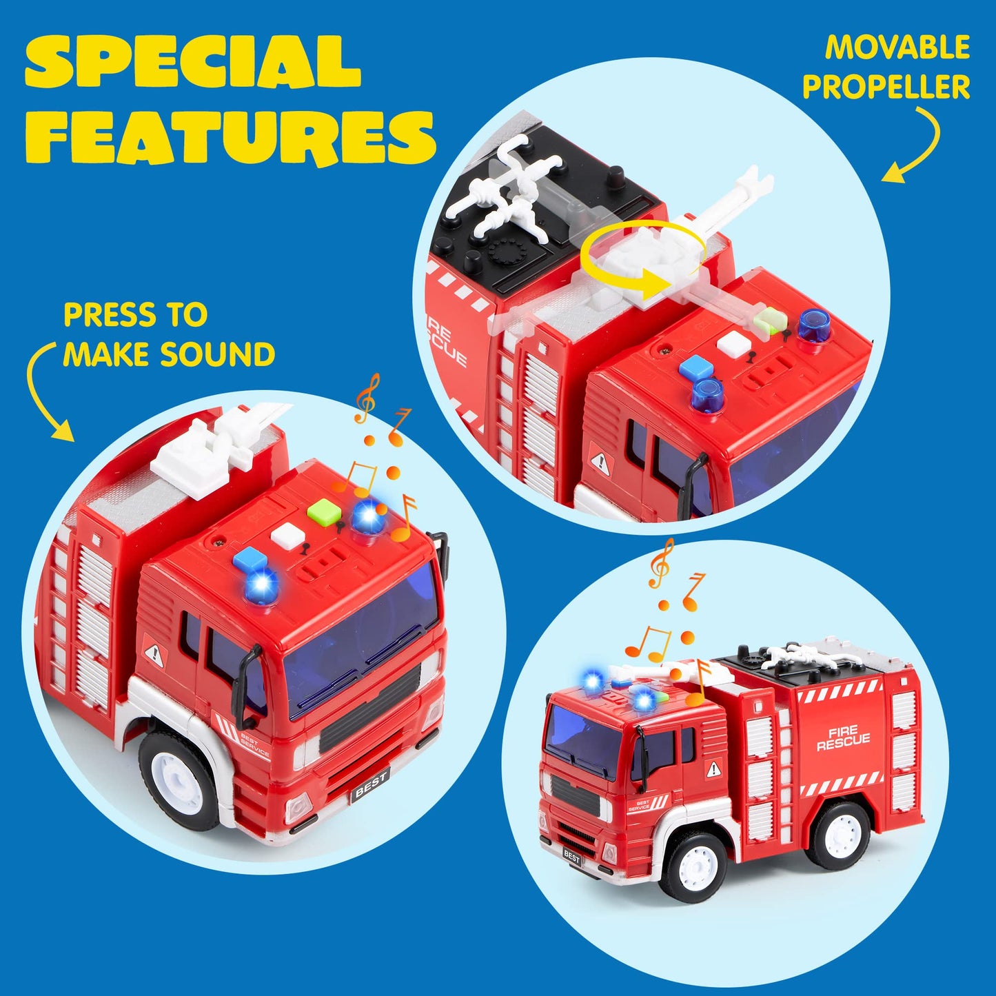 JOYIN 4-Pack Emergency Vehicle Toys, Friction Powered Fire Truck, Ambulance, Police Car & Helicopter with Lights & Sounds, Kids Gift