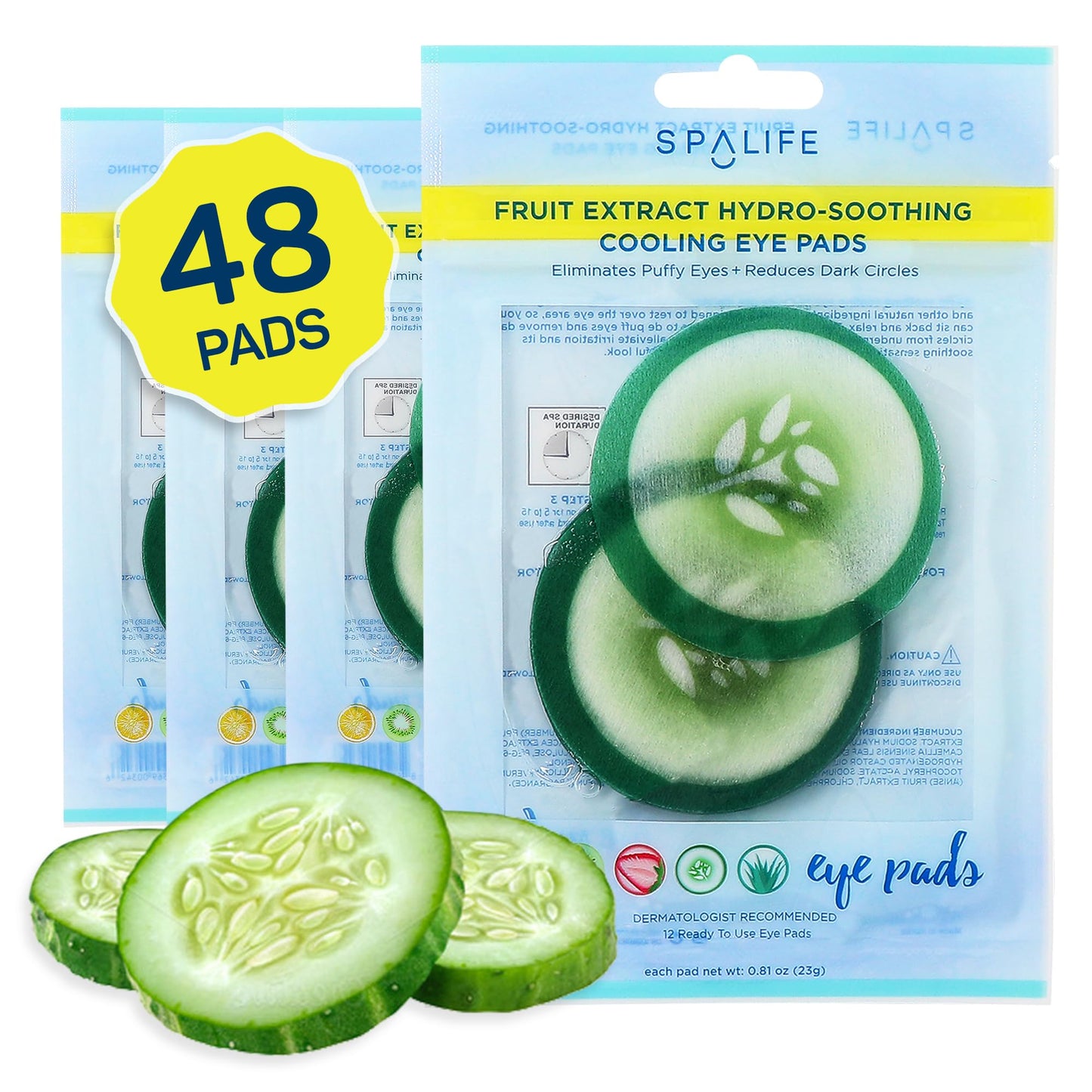 SpaLife Cooling Cucumber Eye Pads - 48 Korean Soothing Pads for Dark Circles, Puffiness & Wrinkles, Hydrating Eye Treatment