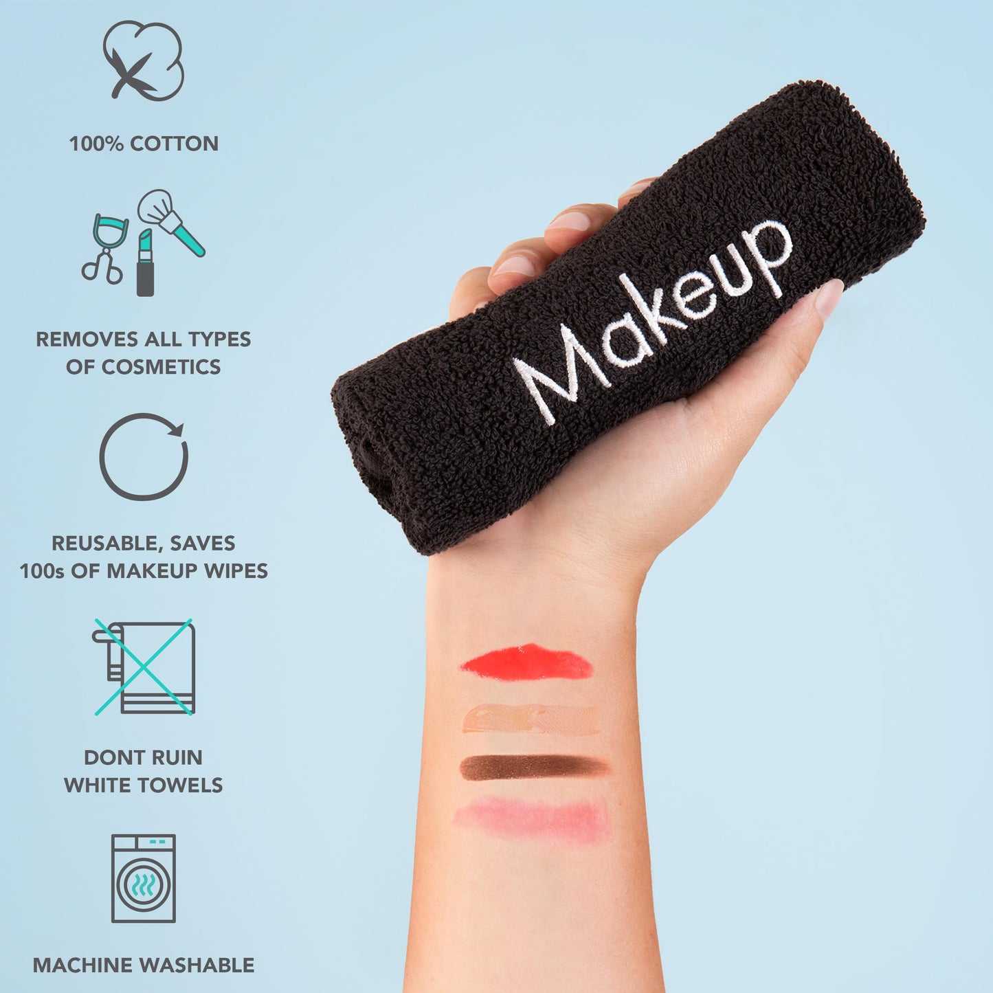 Arkwright Makeup Towels, 6-Pack – Soft Cotton Face Washcloths, Reusable Makeup Remover Cloths for Artists & Hosts, 13"x13", Black