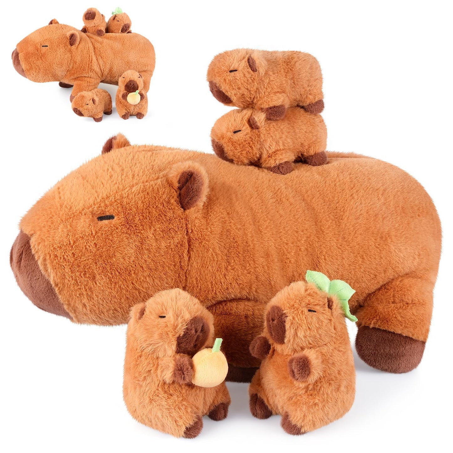 SuzziPals 5-in-1 Capybara Plush Set – Mommy Capybara with 4 Baby Stuffed Animals, Soft Pillow Plushies & Cute Gift for Girls Age 3-8