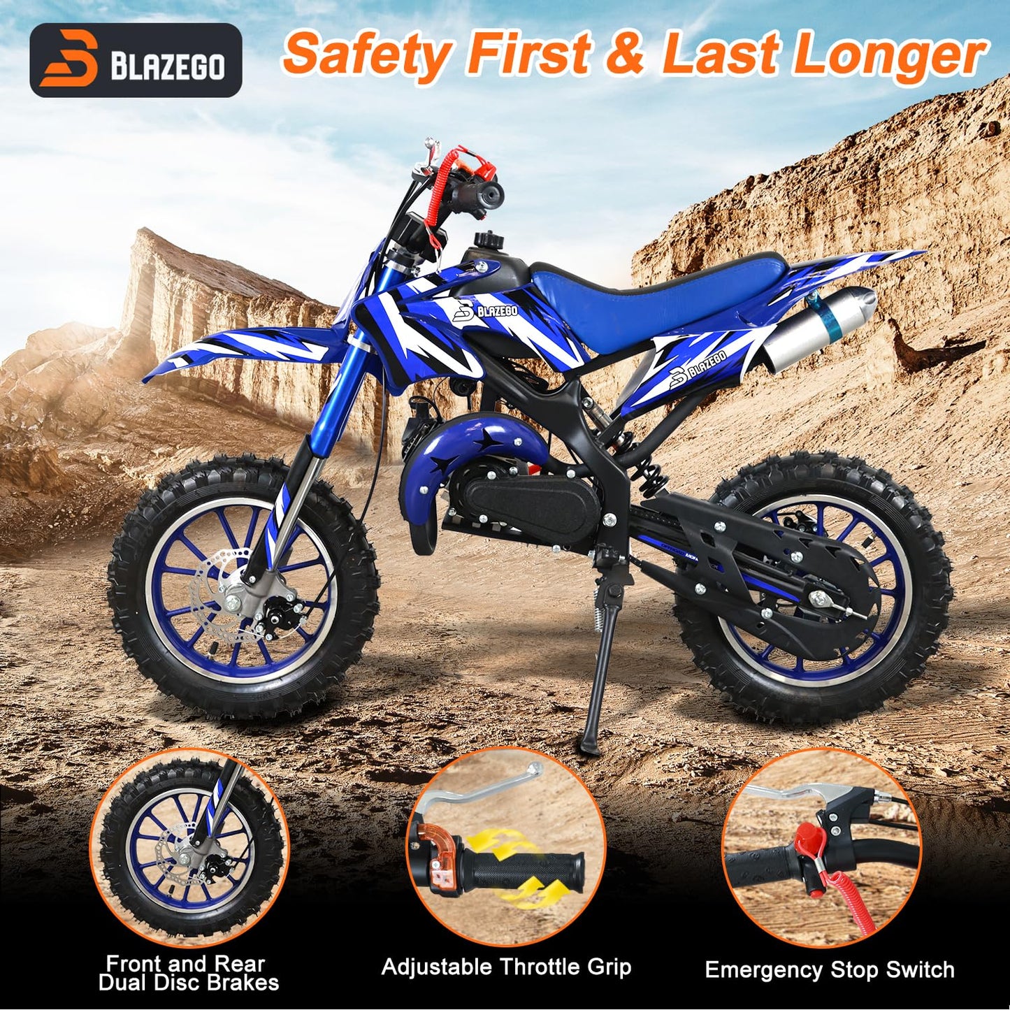 BLAZEGO 49cc Gas-Powered Kids Dirt Bike, 2-Stroke Mini Motorcycle with Off-Road Tires, Disc Brakes, Shock Absorption & Soft Seat, Ages 8-14, Blue