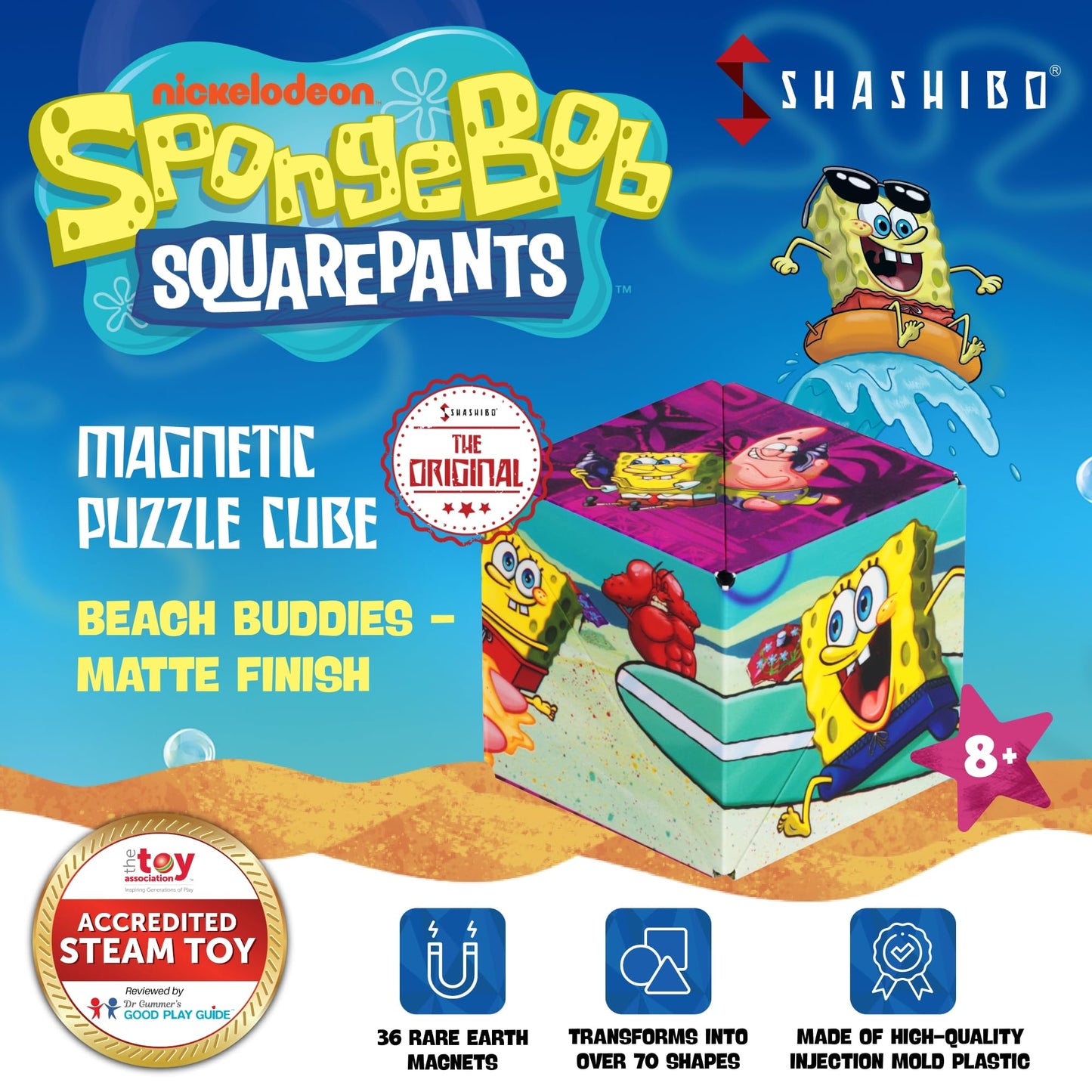 SHASHIBO Spongebob Squarepants Shape Shifting Magnetic Fidget Cube – STEM Toy That Transforms into 70+ Shapes, Beach Buddies Edition