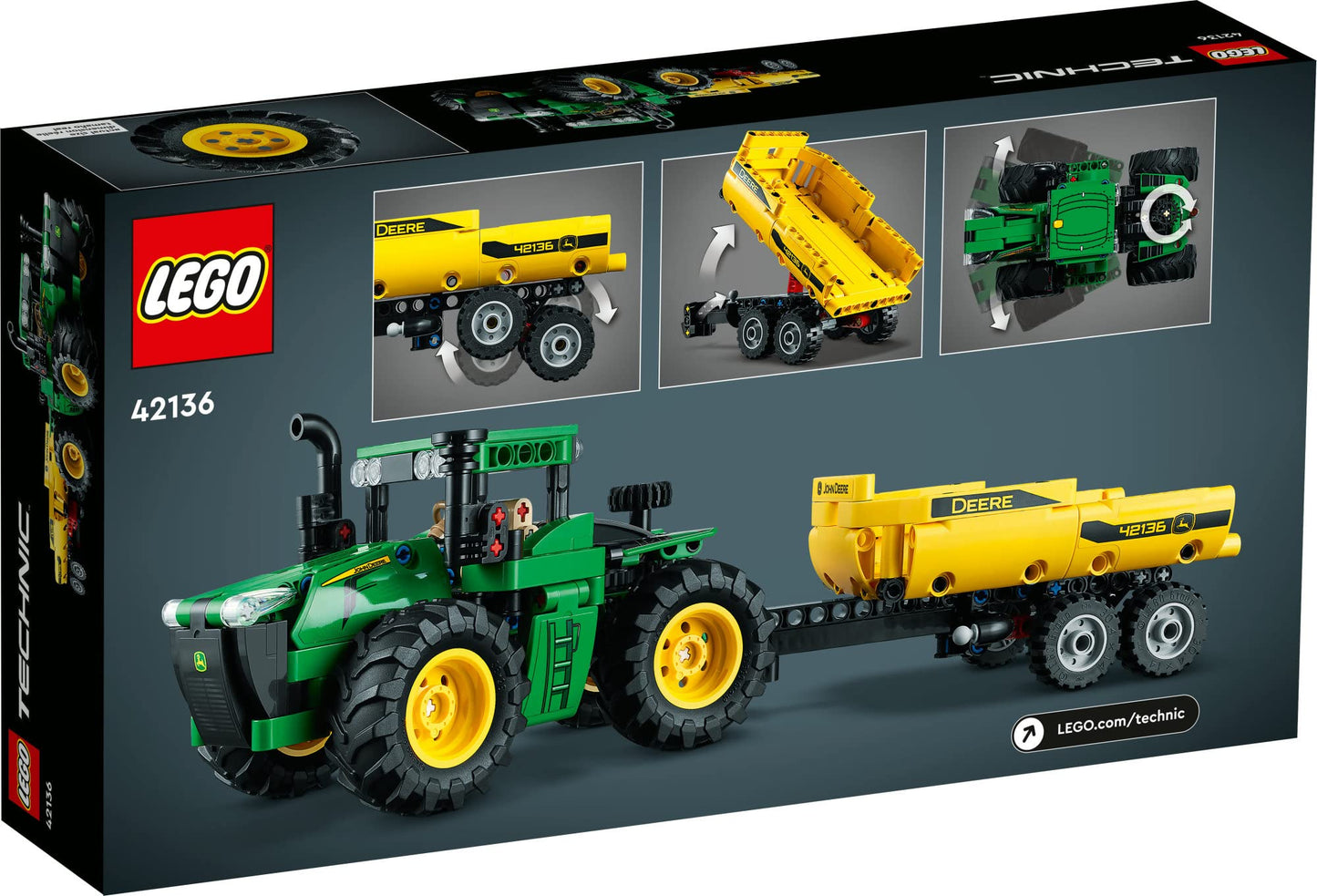 LEGO Technic John Deere 9620R 4WD Tractor Set 42136 with Trailer – Realistic Farm Construction Model for Kids 8+