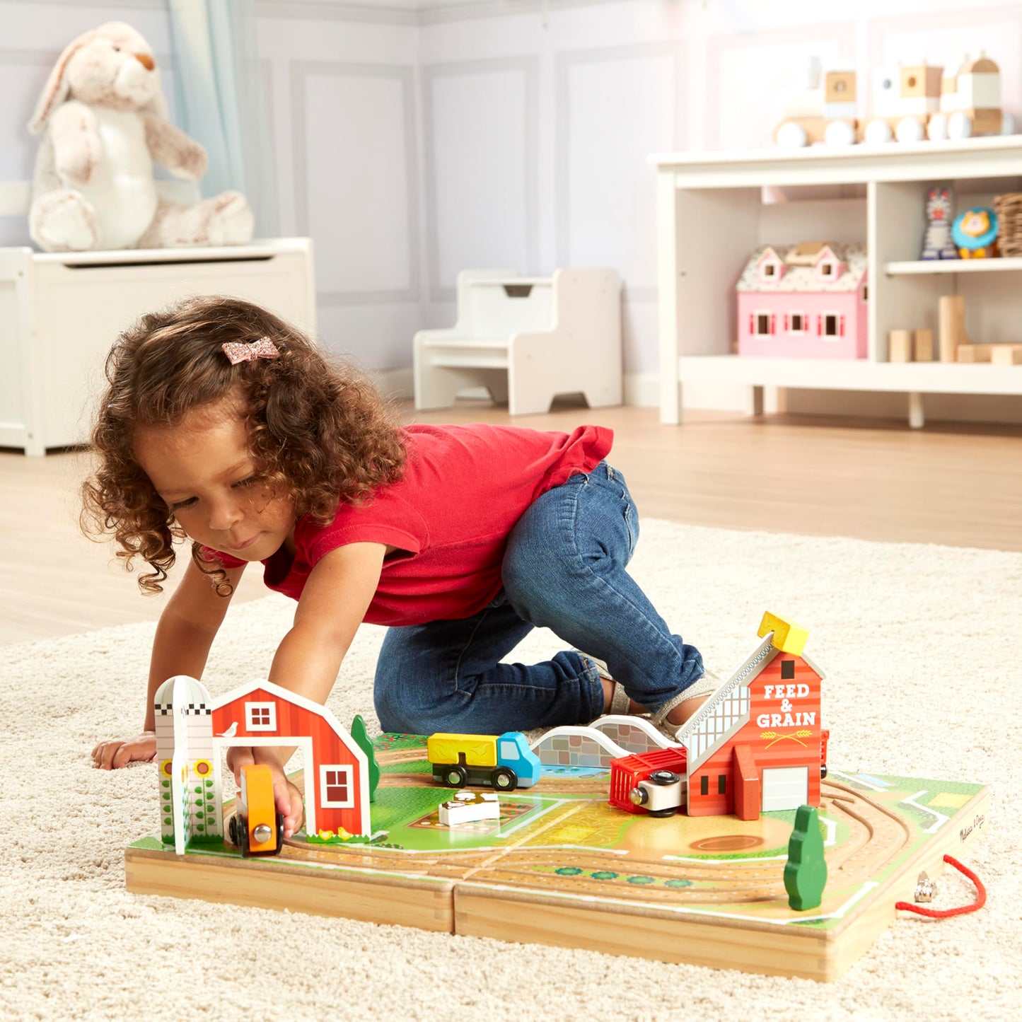 Melissa & Doug 17-Piece Wooden Take-Along Farm Set with Barn, Grain House, 4 Vehicles & Play Pieces – Pretend Play Toy for Toddlers 1+