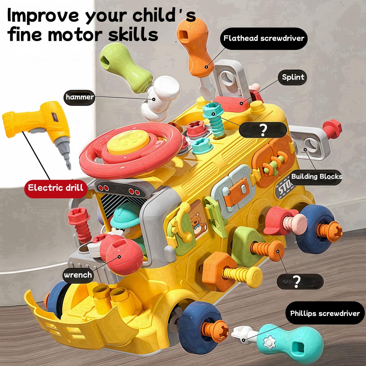 School Bus Take-Apart Toy with Electric Drill – STEM Learning, Sensory Educational Play for Boys Ages 3-7, Fun Disassembly Gift