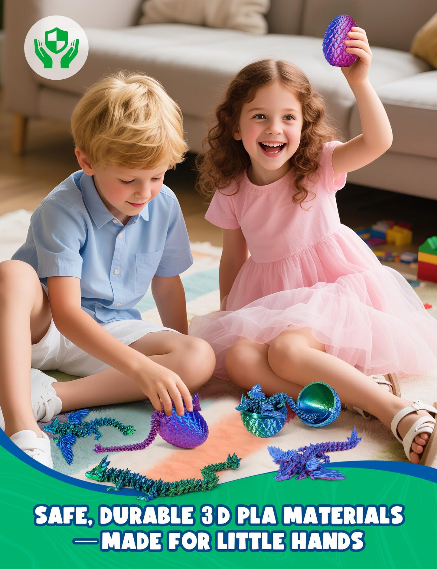 Aousin 3D Printed Dragon Eggs with 4 Dragons Inside - Swappable Wing, Flexible Articulated Magnetic Dragons Animals Fidget Toy for Kids (Purple+Blue)