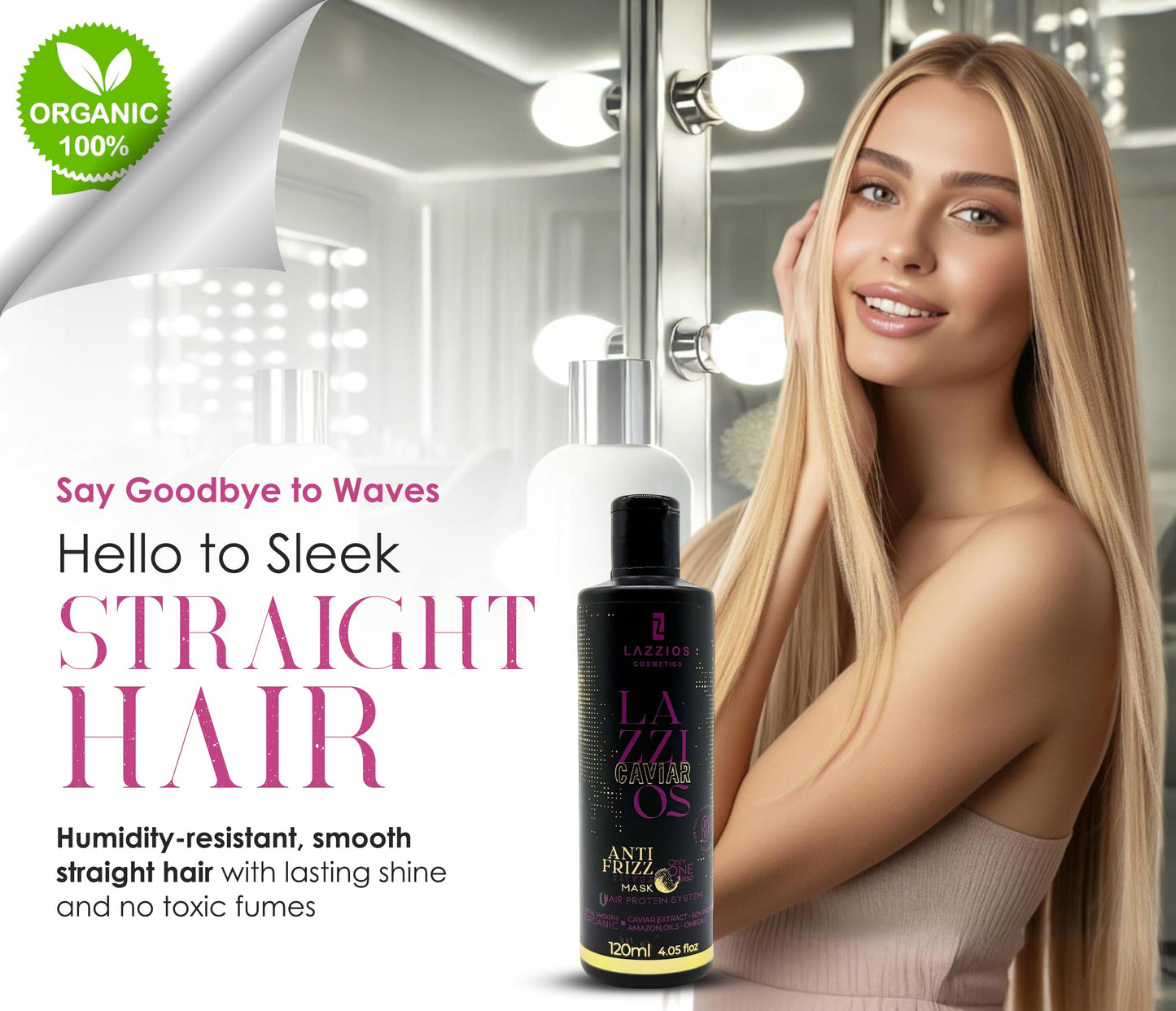 Lazzios Caviar Organic Hair Protein – Formaldehyde-Free Brazilian Keratin Treatment – Anti-Frizz Straightening with Caviar Extract & Hyaluronic Acid (120ml)