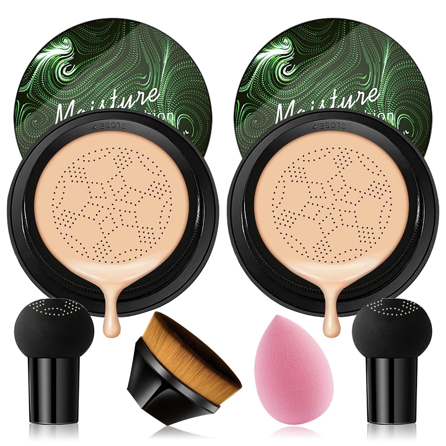 2PCS Mushroom Head Air Cushion CC Cream Set – Moisturizing, Oil-Control, Full-Coverage BB Cream with Brush & Sponge for All Skin Types
