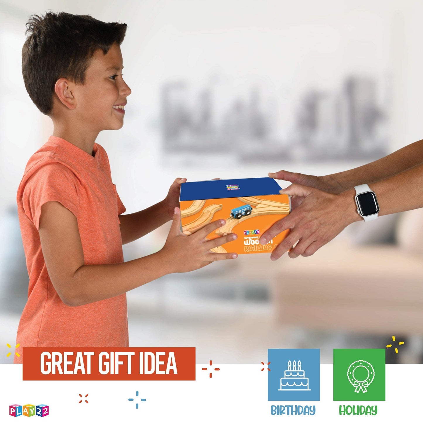 Play22 Wooden Train Tracks Set – 52 Pieces with 2 Bonus Trains, Compatible with Thomas & All Major Brands, Kids Railway Playset