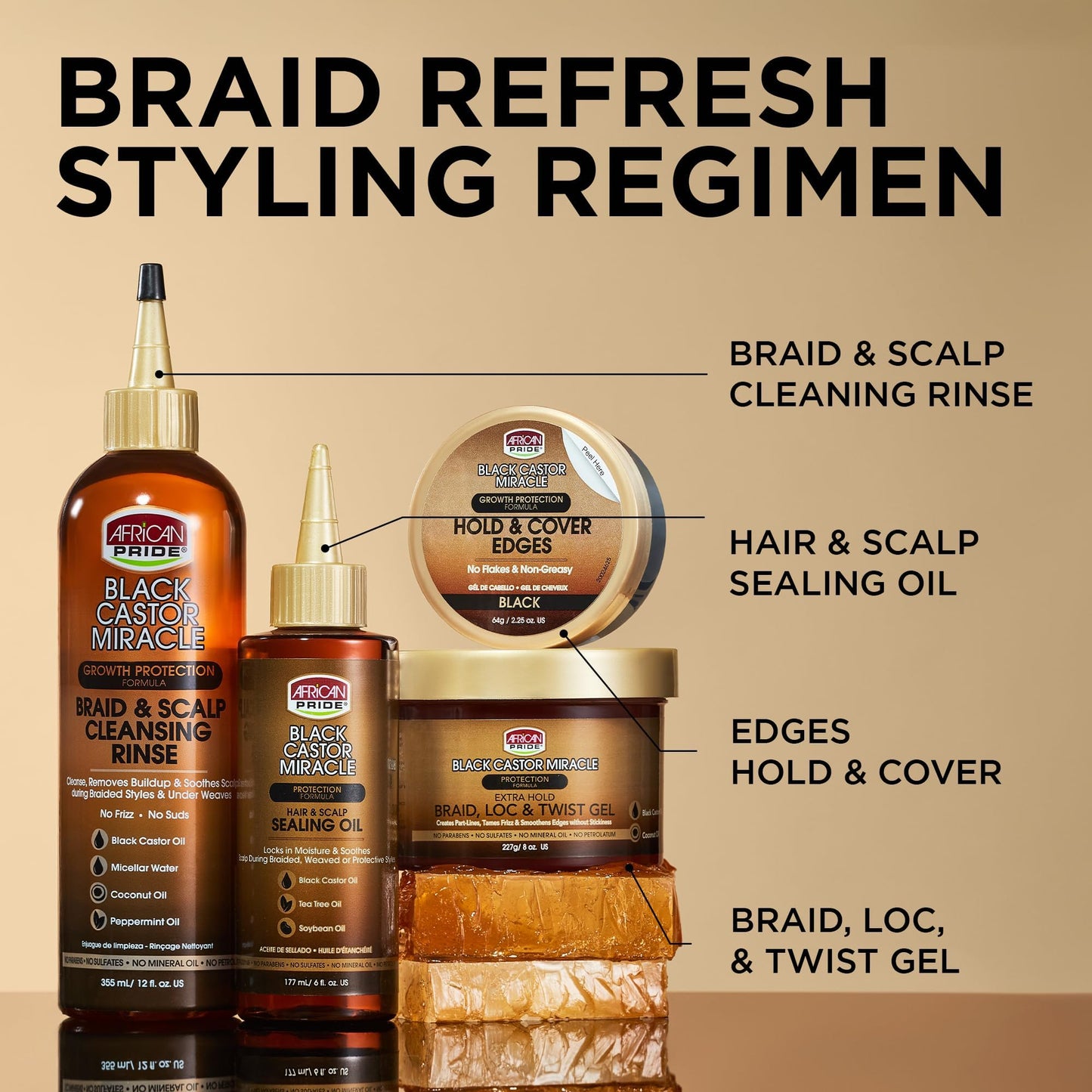 African Pride Black Castor Miracle Extra Hold Braid, Loc & Twist Gel | Extreme Hold Hair Gel for Braids & Edges | No Flake, Tames Frizz, 8oz