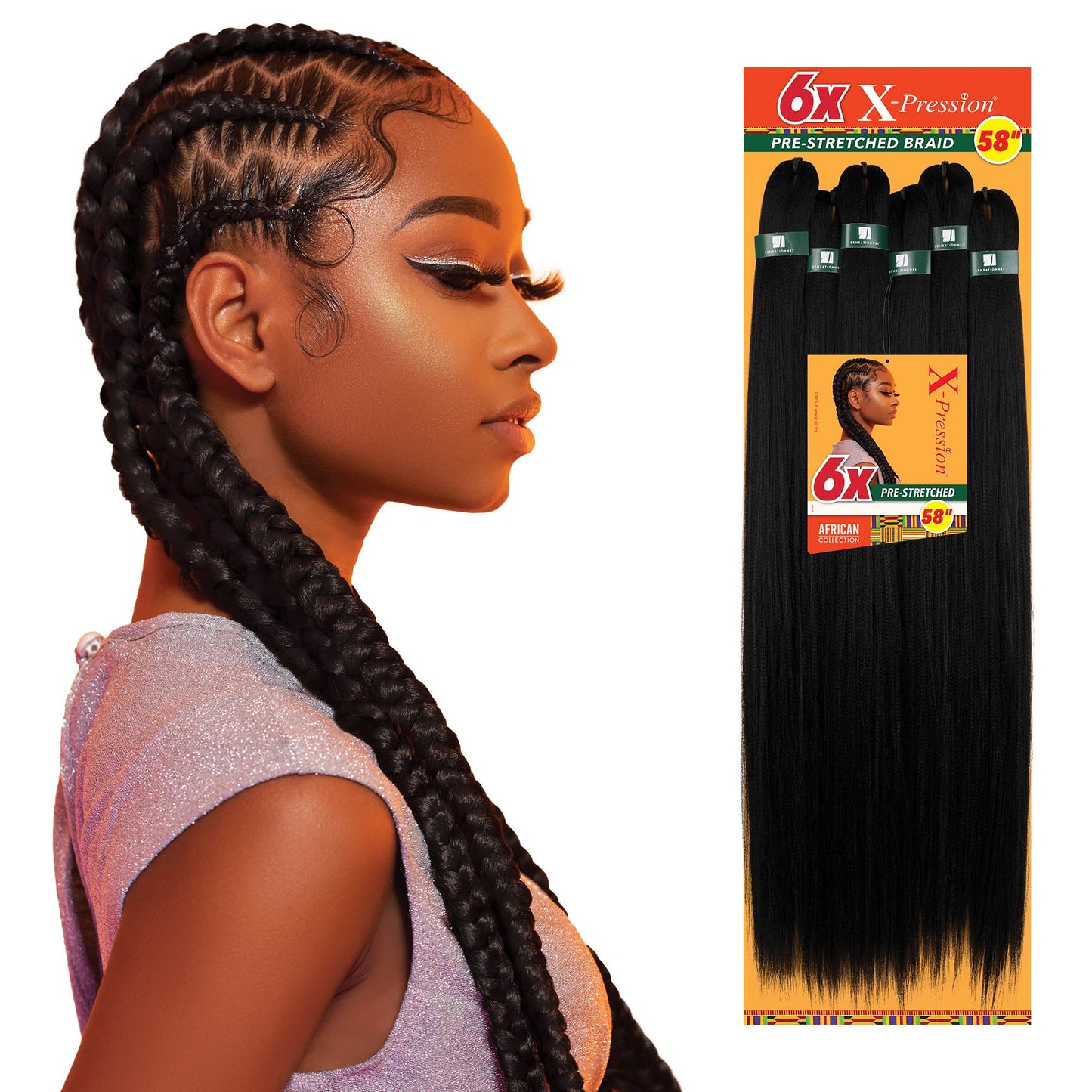 Sensationnel X-Pression 6X Pre-Stretched Braiding Hair 58" – Kanekalon Flame Retardant Synthetic Hair for Box Braids & Twists (1B Off Black)