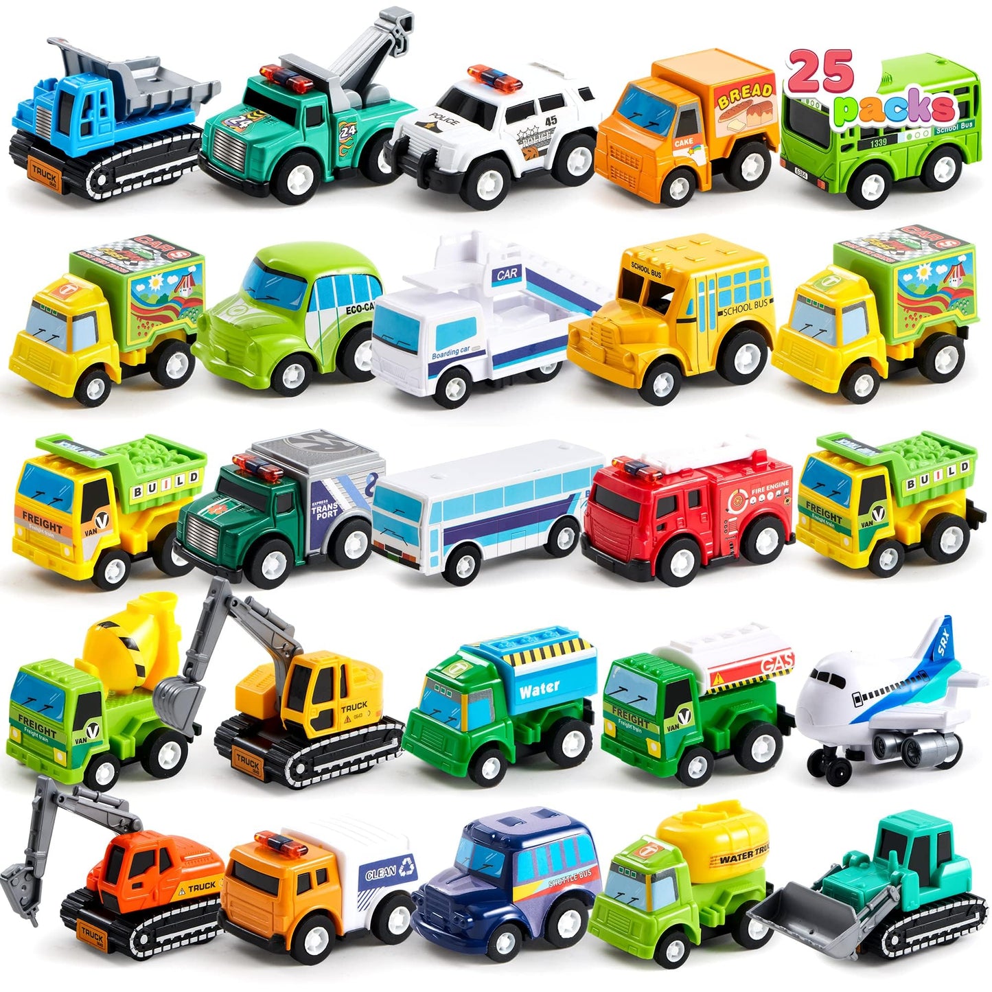 JOYIN 25-Piece Pull Back Cars & Trucks Toy Set for Toddlers, Kids Boys & Girls – Die-Cast Vehicles, Party Favors, School Gifts & Goodie Bag Stuffers