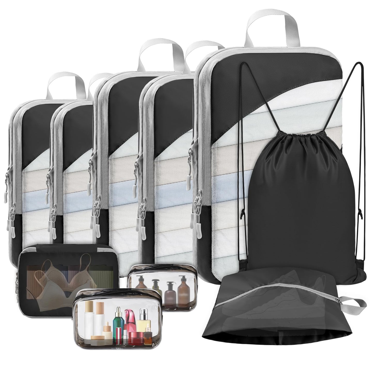 10 Set Compression Packing Cubes – Lightweight, Stretchable Travel Storage Bags for Luggage & Accessories, 10 Pcs, Black