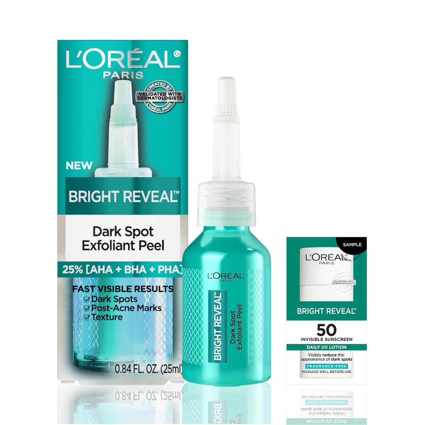 L'Oreal Paris Bright Reveal Dark Spot Exfoliant Peel with 25% AHA BHA PHA – Gentle Face Exfoliator, Reduces Dark Spots + SPF Sample