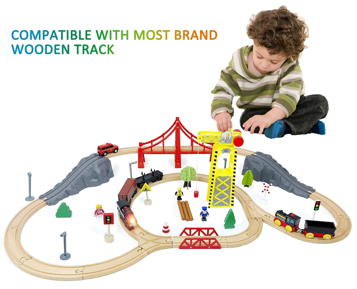 Motorized Wooden Train Set, 3 Battery-Powered Trains for Toddlers 3+, Compatible with Thomas, Brio & Chuggington Tracks