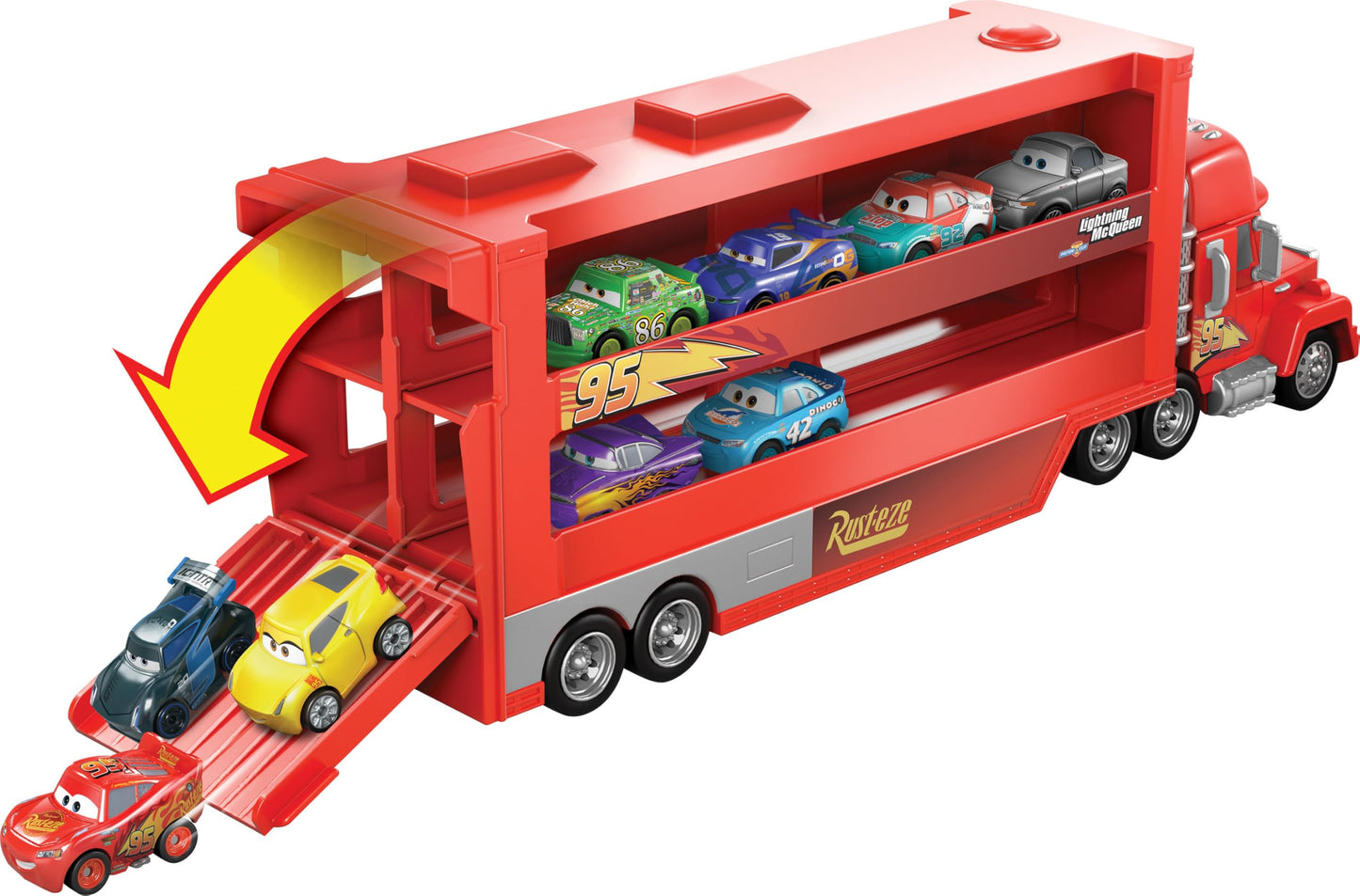 Mattel Disney Pixar Cars Mini Mack Racers Hauler & 1 Toy Car, Transporter Truck Holds 18 Minis, Collectible Set
