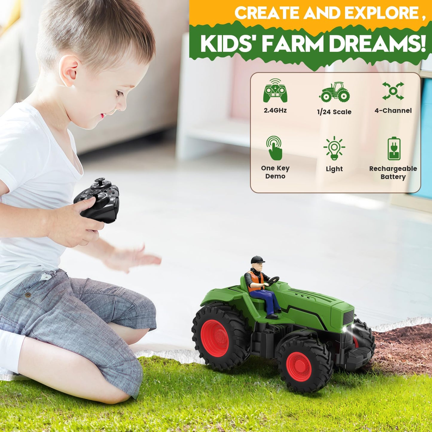 RC Tractor Toy for Kids 3-5, 1:24 Scale Remote Control Farm Tractor with Farmer & Light, Rechargeable Toddler Toy Set Birthday Gift