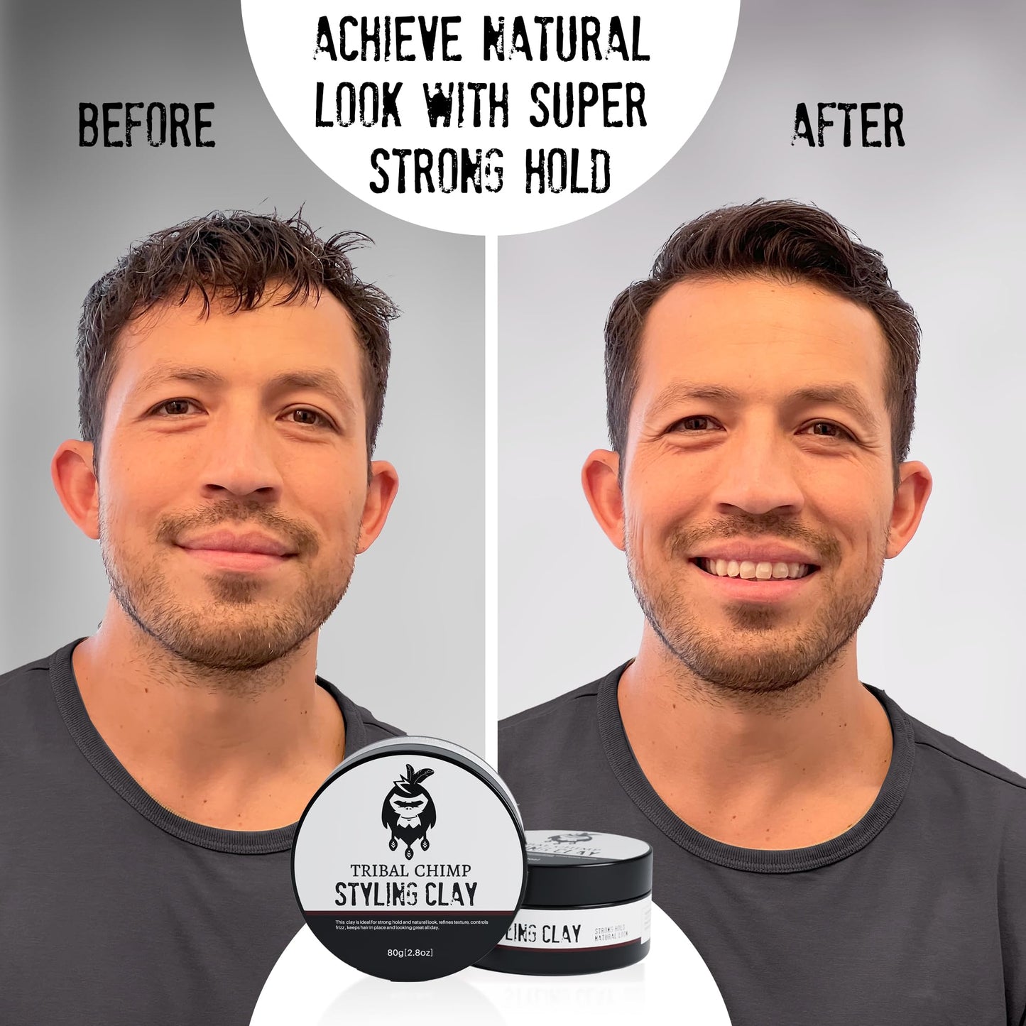 Tribal Chimp Hair Styling Clay 80g – Super Strong Hold Matte Finish for Men & Women, Non-Sticky Texture, Adds Volume & Thickness, Citrus Scent