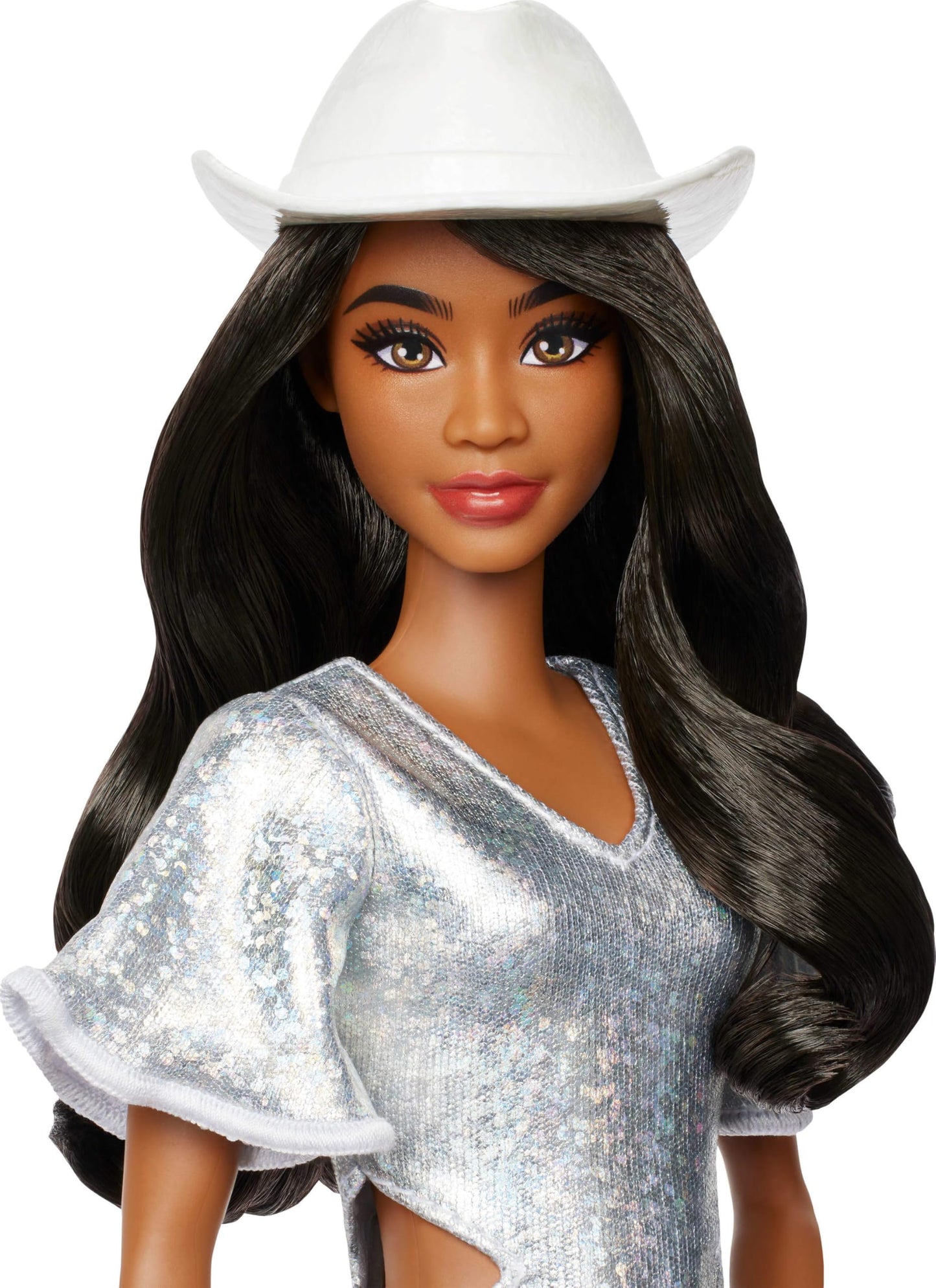 Barbie Fashionistas Doll #239 with Black Hair Wearing Sparkly Silver Fringe Dress with Western Accessories Like White Cowboy Hat and Boots