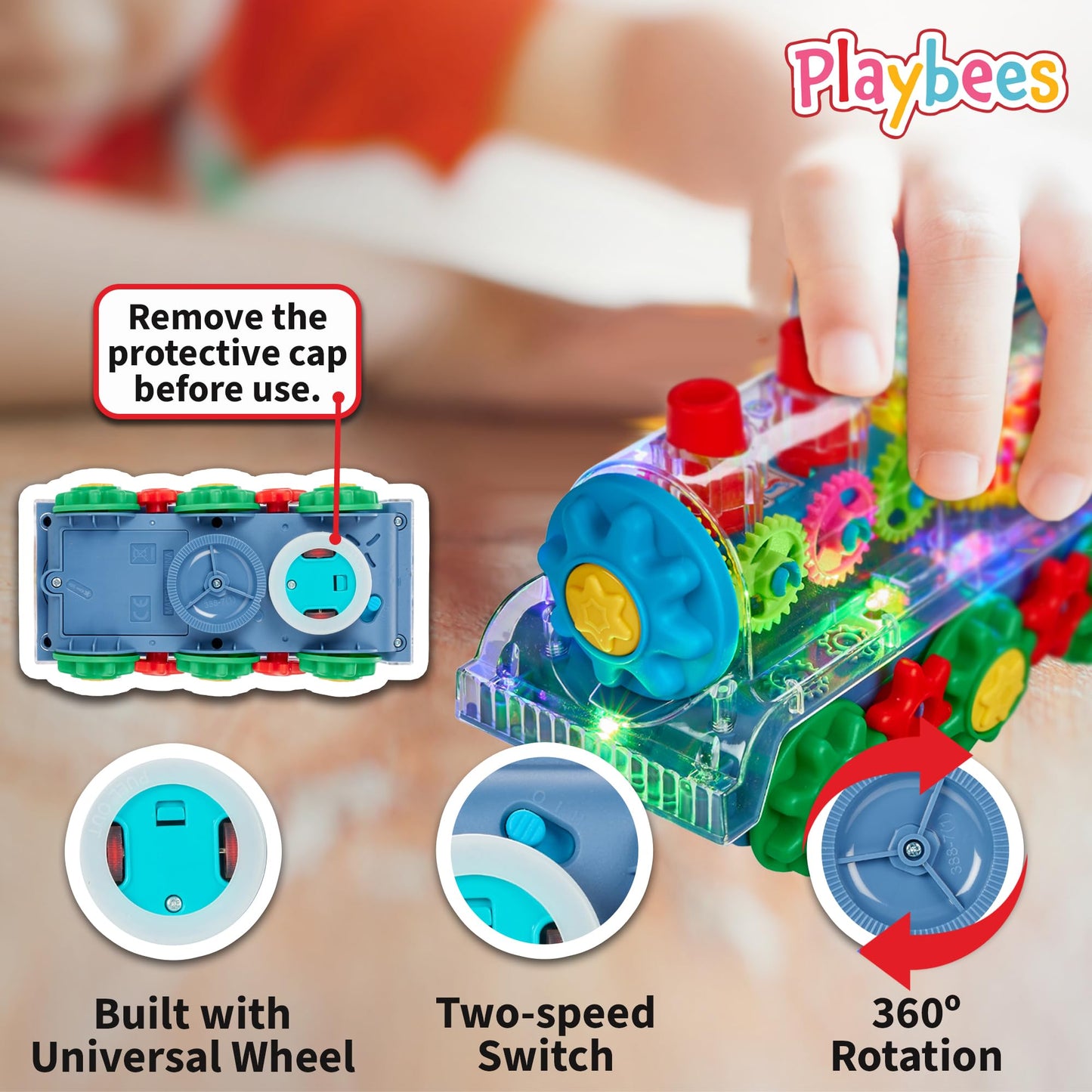 Playbees Light-Up Train Toy for Kids | Transparent Gear Cars, Flashing Lights, Music & Educational Crawling Fun, Battery Operated Birthday Gift