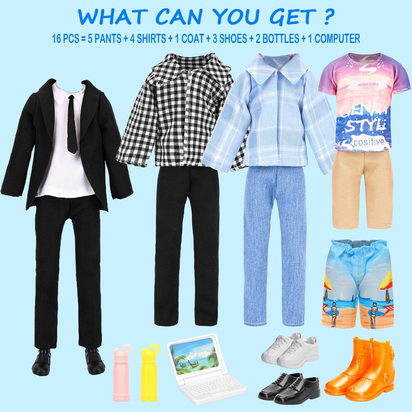 Miunana 16-Piece Doll Clothes & Accessories Set – Classic Black Suit, 4 Casual Outfits, 5 Pants, 3 Shoes, Laptop & Water Bottles