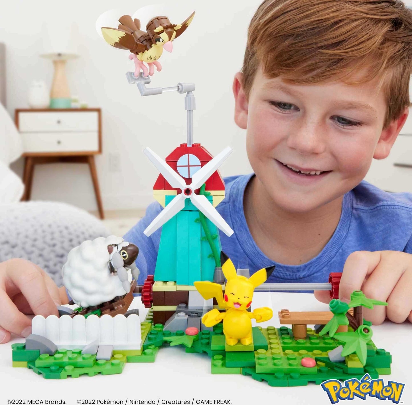 MEGA Pokemon Action Figure Building Toy Set, Countryside Windmill with 240 Pieces, Motion and 3 Poseable Characters, Gift Idea for Kids