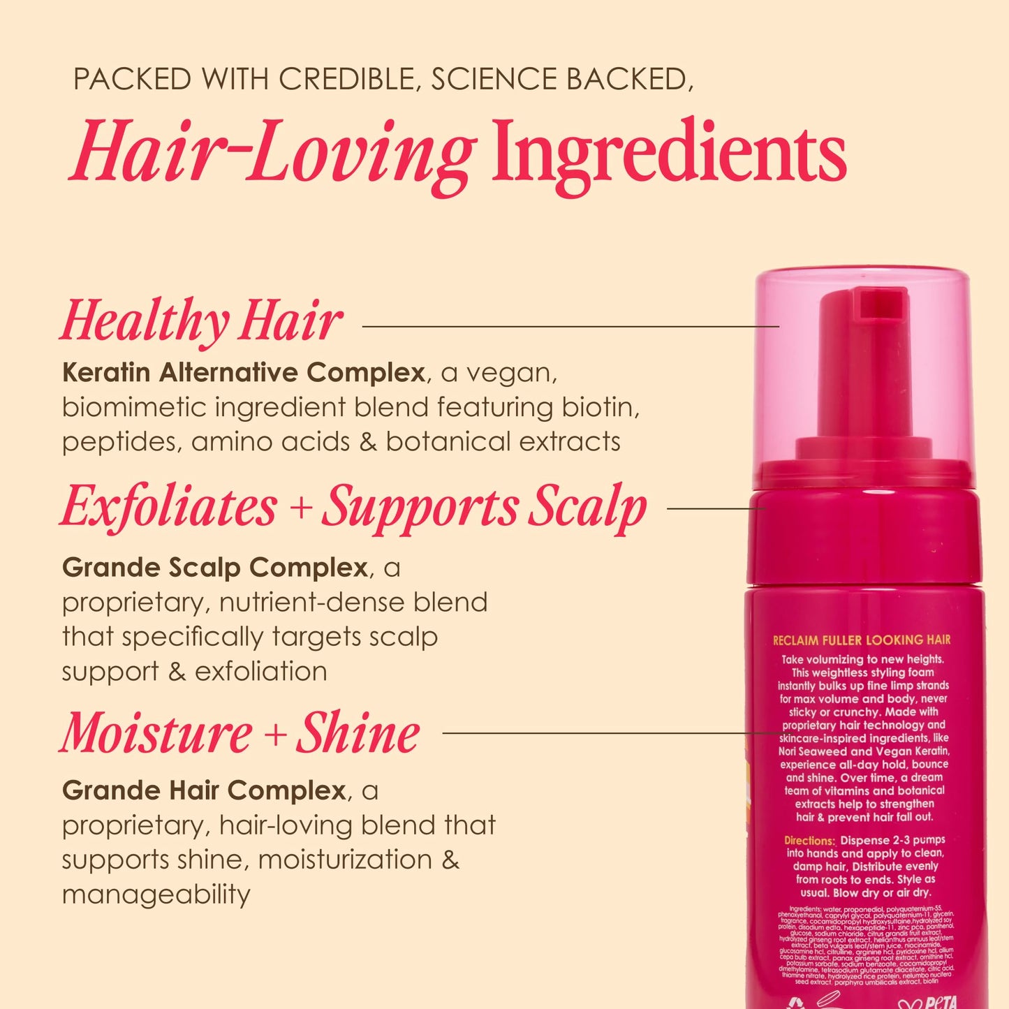 Grande Cosmetics GrandeHAIR Volumizing Foam – Instant Volume & Fuller-Looking Hair, Defines Curls, Non-Sticky Mousse, Travel Size 1.5 oz