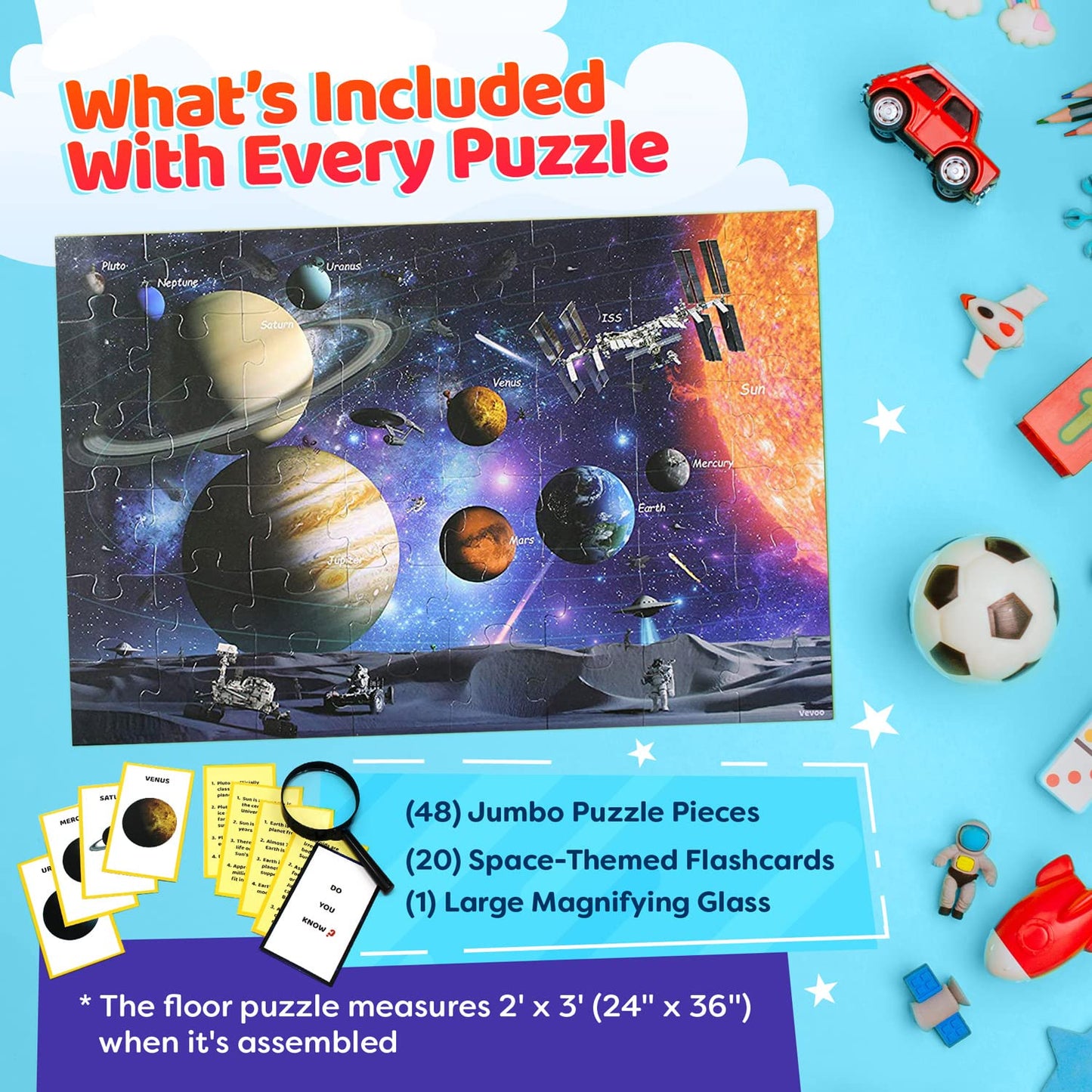 Solar System Spy Puzzle – 48-Piece Space Floor Puzzle with Flashcards & Magnifying Glass, Educational STEM Toy for Kids Ages 4-8, 2x3ft