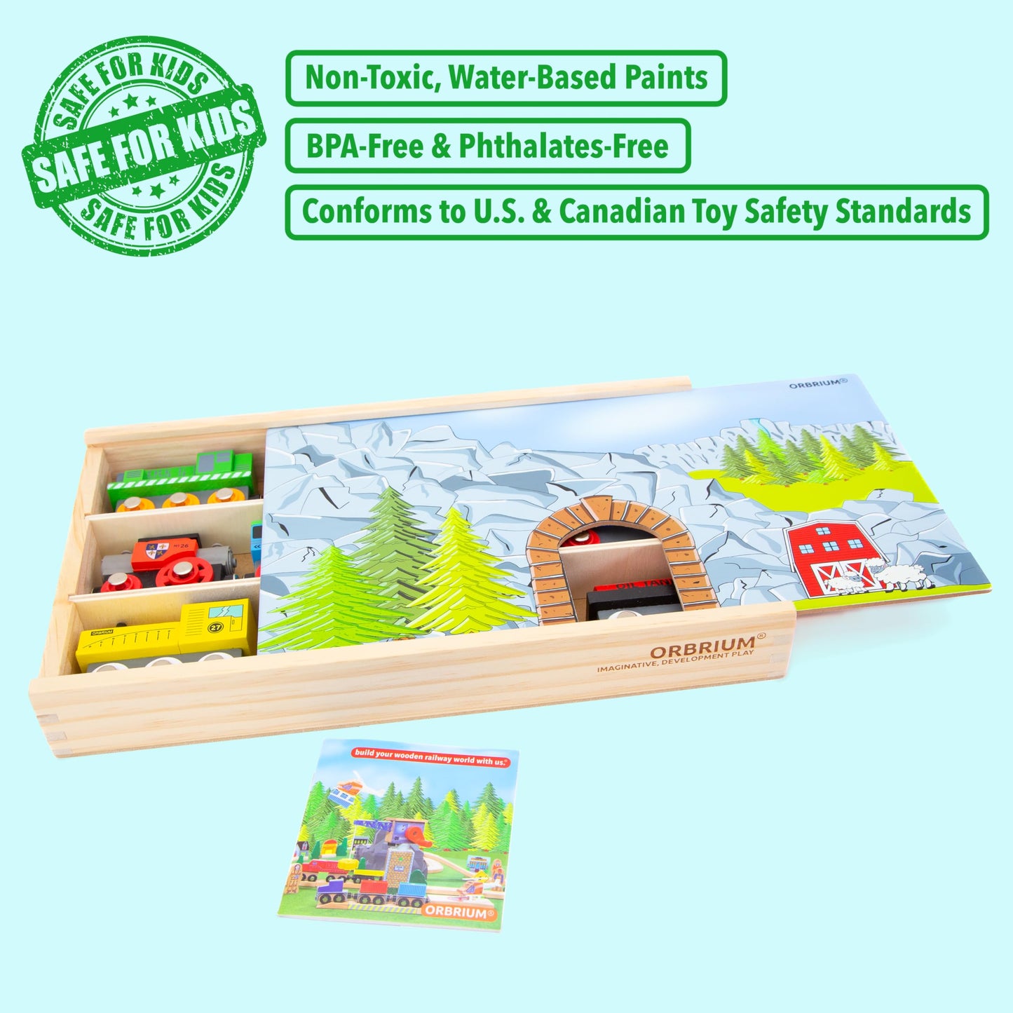 ORBRIUM Wooden Train Cars Gift Set with Storage Box & Tunnel – Compatible with Thomas & Friends, Brio, IKEA, Imaginarium, Melissa & Doug, Ages 3-7