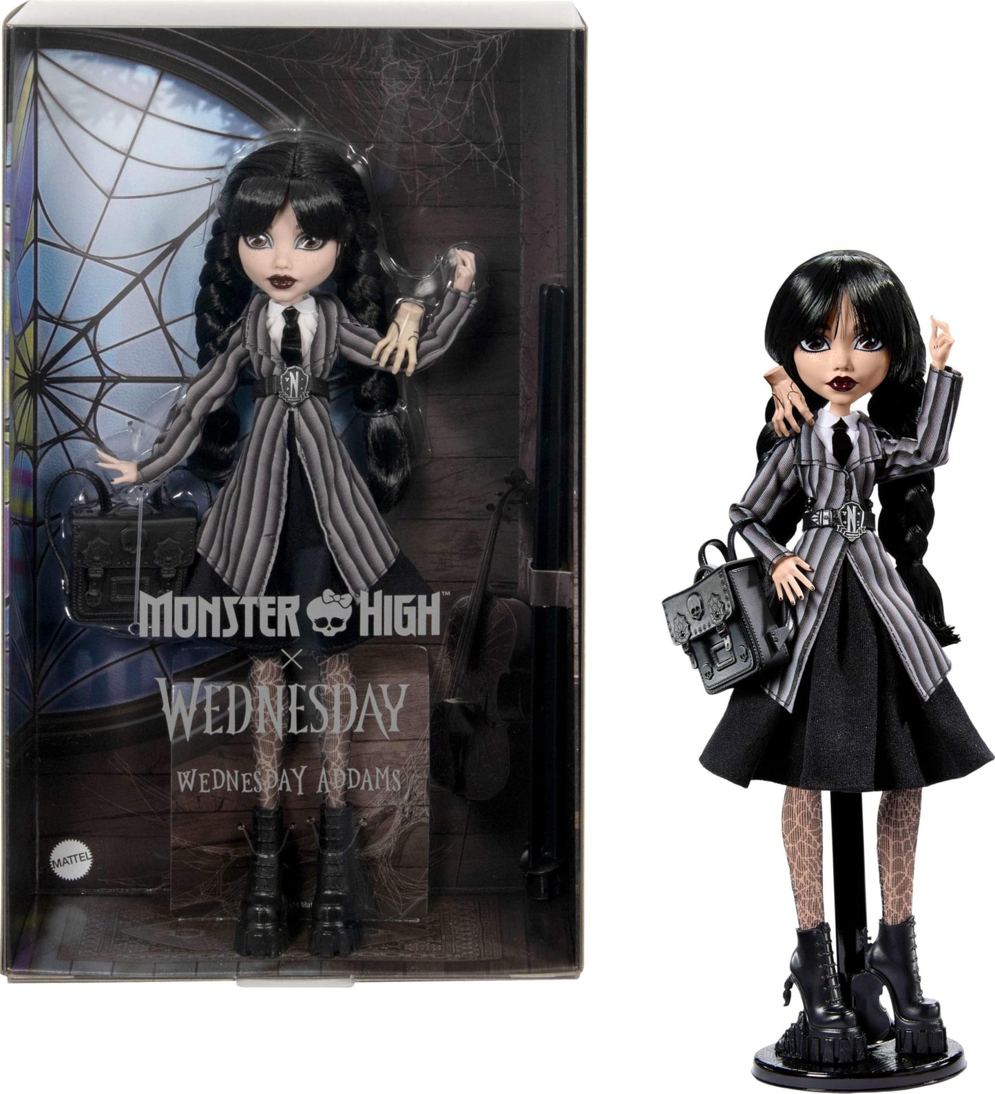 Monster High Wednesday Doll and Accessories, Wednesday Addams Collectible in Nevermore Academy Uniform with Thing and Backpack, Doll Stand