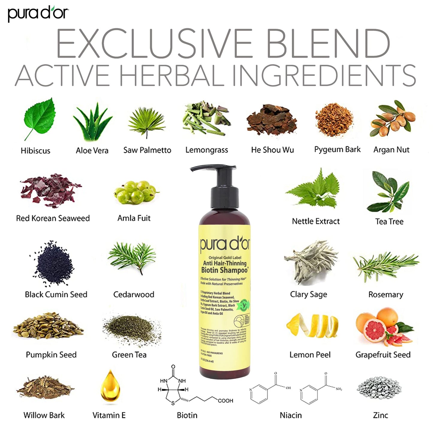 PURA D'OR Original Gold Label Anti-Thinning Biotin Shampoo 8oz – Clinically Tested Herbal Blend for Thicker, Stronger Hair, Safe for Color-Treated Hair