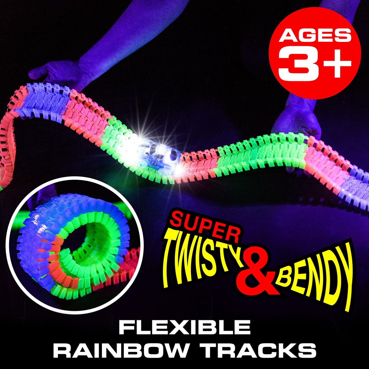 USA Toyz Glow Tracks Starter Kit – 216pc Bendable Glow-in-the-Dark Rainbow Race Track with 2 LED Cars, STEM Toy for Kids