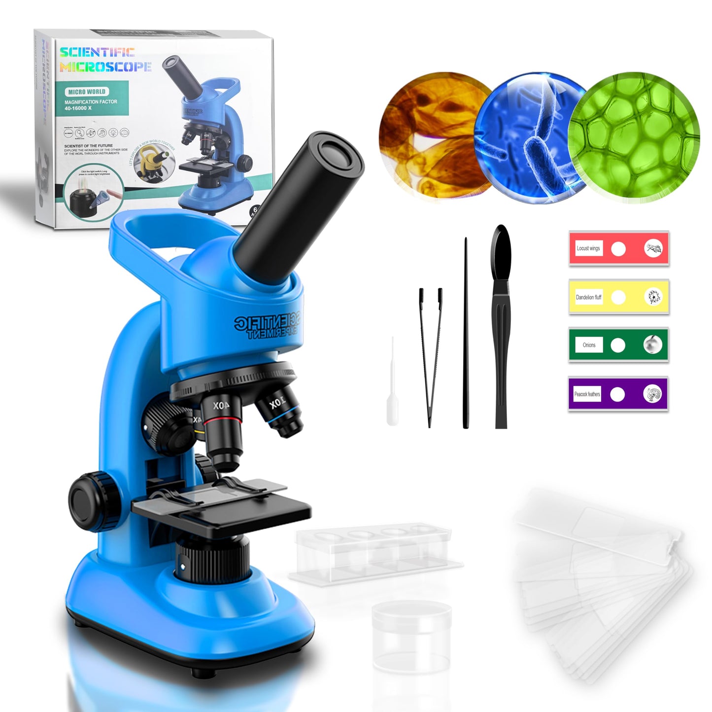 Kids Microscope Kit 40-1600x for Beginners, STEM Science Toy with LED Light, Prepared Slides & Tools for Ages 6-12