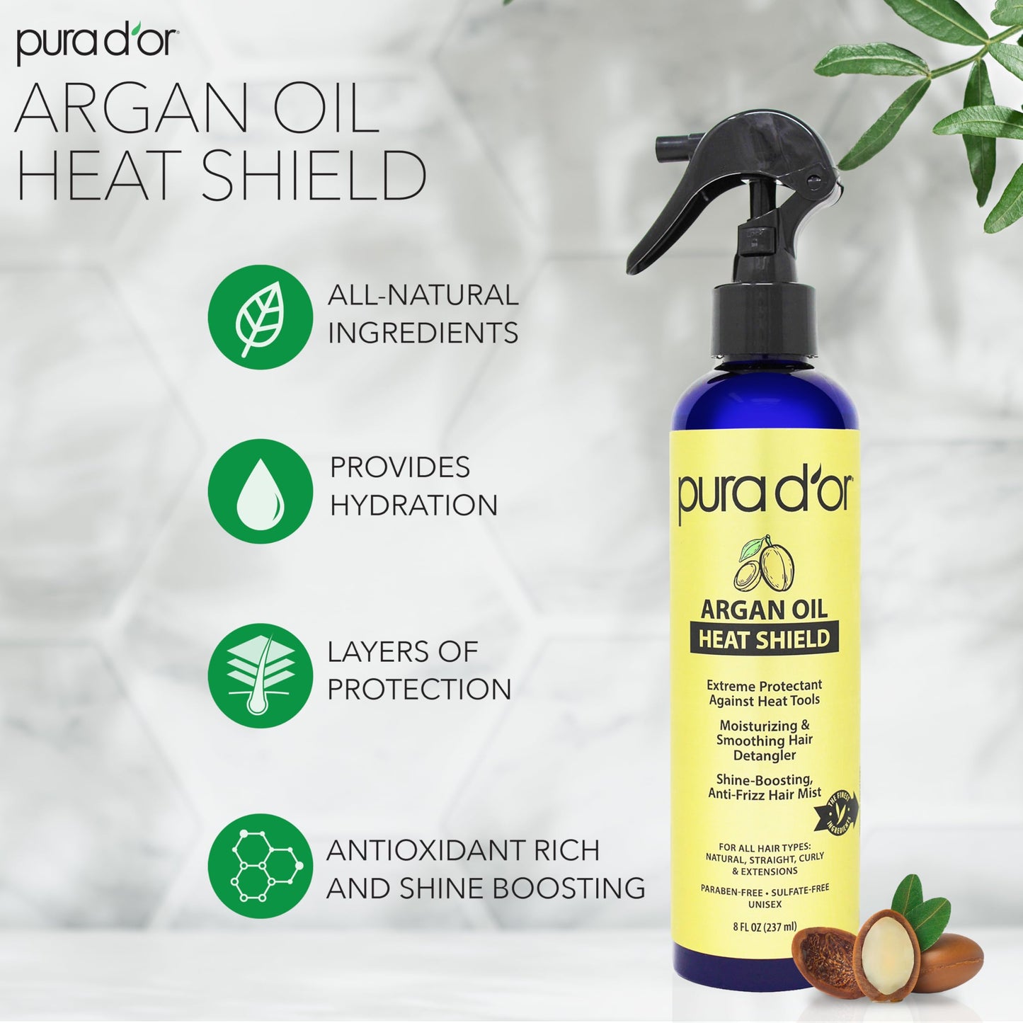 PURA D'OR Argan Oil Heat Protectant Spray 8 Oz – Shields Hair Up to 450°F, Defines & Adds Shine, Leave-In for Dry & Damaged Hair, Organic Ingredients