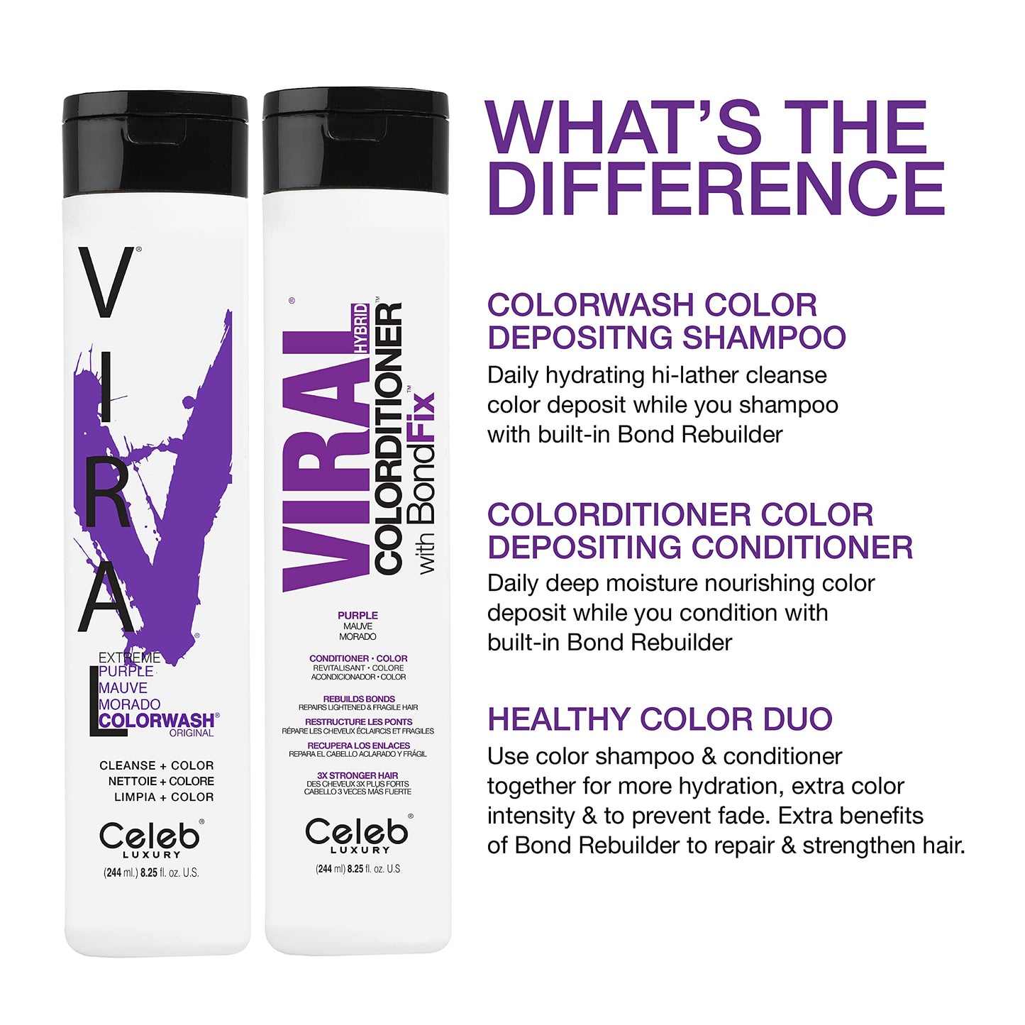 Celeb Luxury Viral Purple Colorwash Shampoo with Bondfix – Color Depositing & Semi-Permanent Hair Dye, Refreshes & Maintains Bold Purple, Vegan