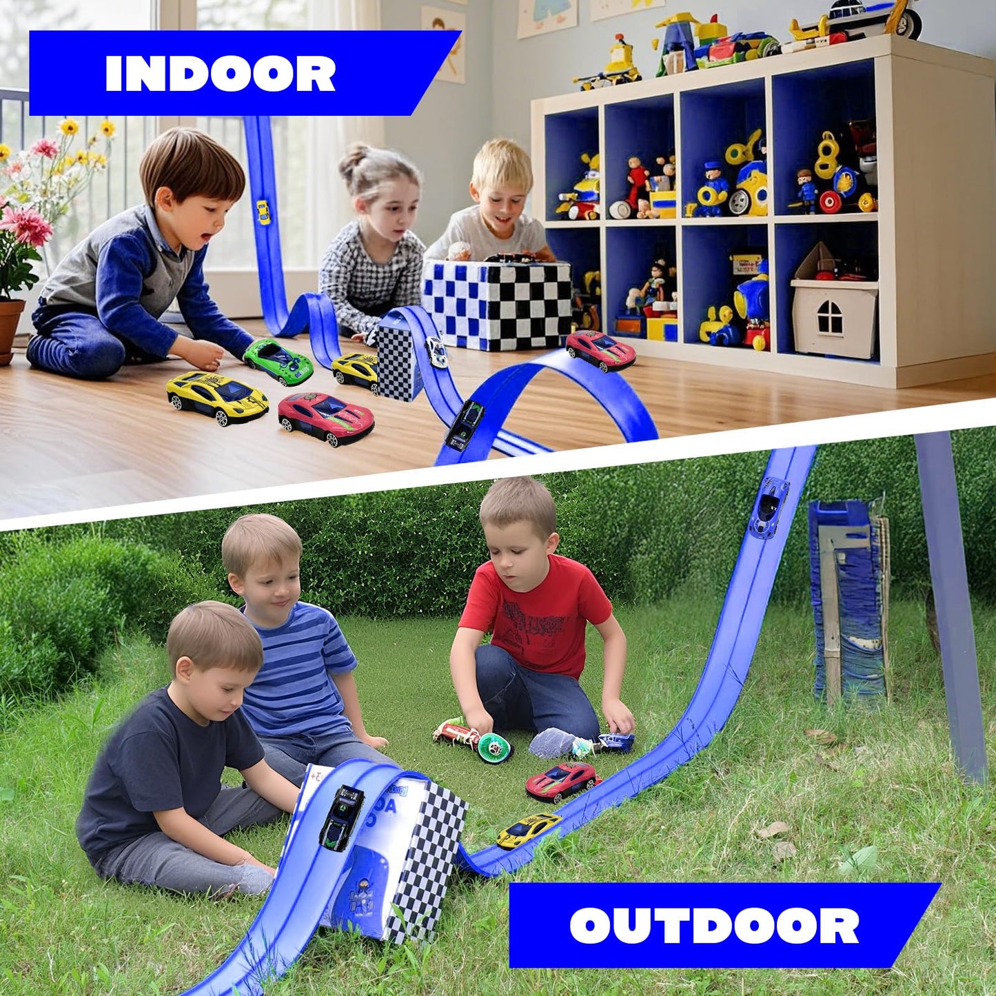 15ft Flexible Race Car Track Set for Kids with 4 Alloy Cars, Portable Bag, 10 Suction Cups, Compatible with 1:64 Scale Diecast Vehicles