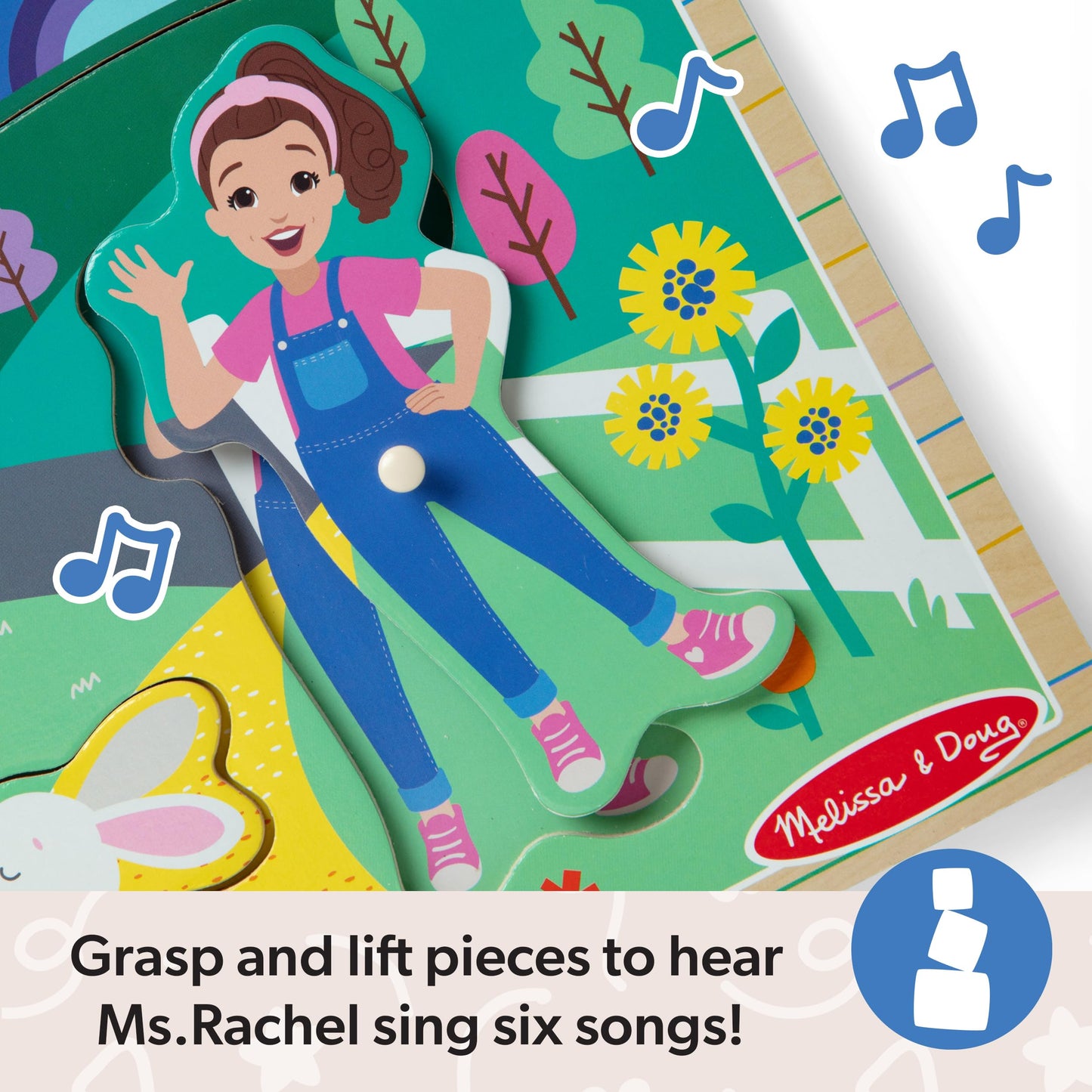 Melissa & Doug Ms. Rachel Wooden Song Peg Puzzle – 6-Piece Light-Activated Sound Puzzle, Toddler Toy for Ages 2-5+, FSC Certified
