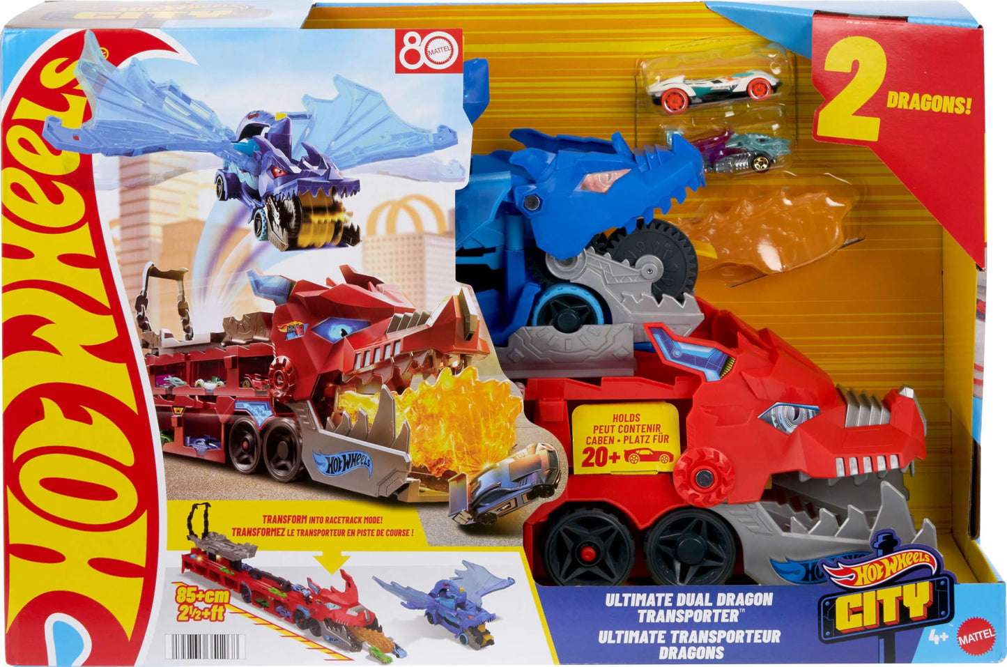 Hot Wheels City Toy Car Track Set, Ultimate Dual Dragon Transporter & 2 Die-Cast Cars, Large-Scale Dragon & Detachable Dragon, Stores 20+ Vehicles