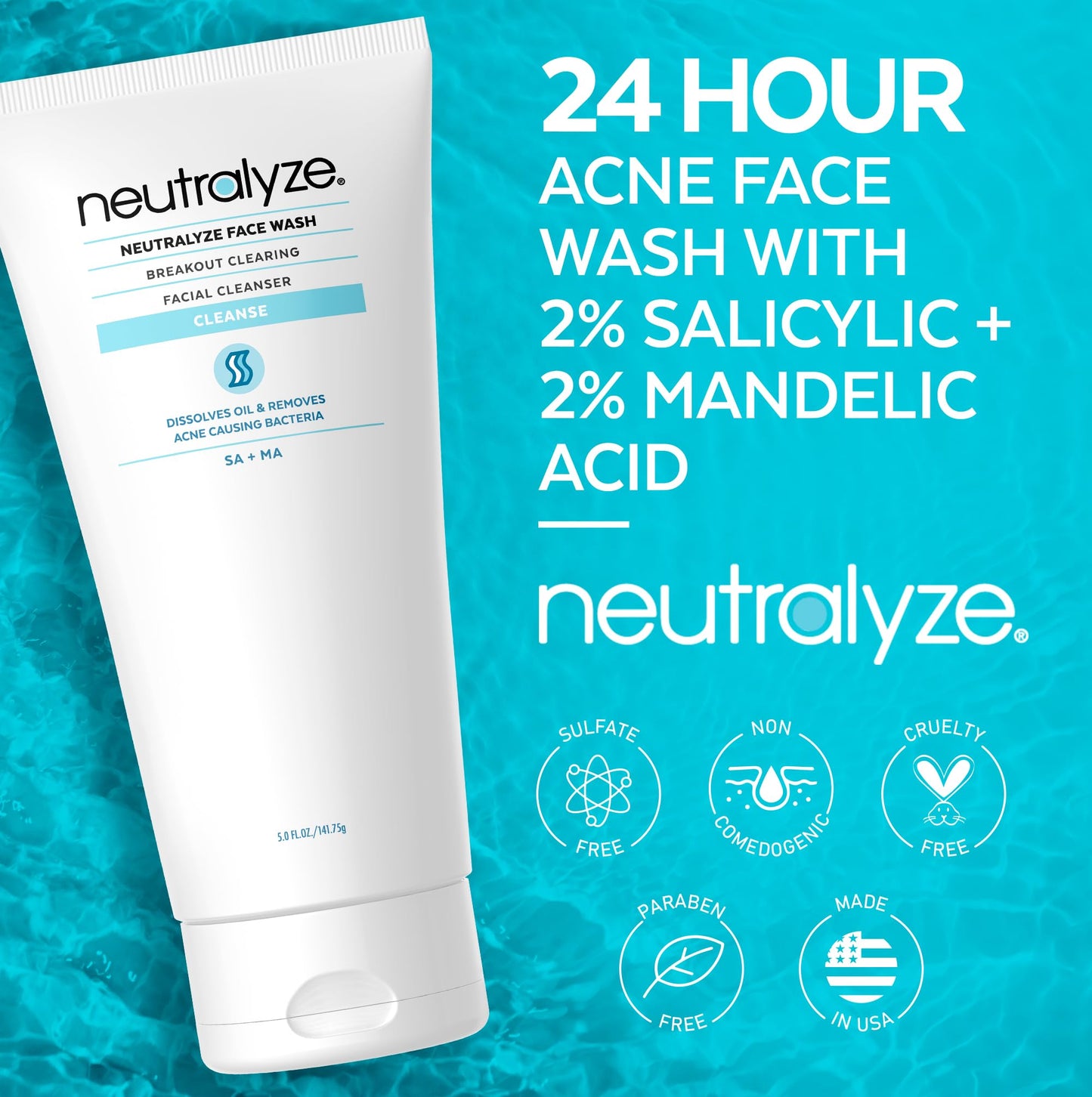 Neutralyze Acne Face Wash with 2% Mandelic & 2% Salicylic Acid – AHA + BHA Cleanser for Acne-Prone Skin, 90+ Day Professional Use