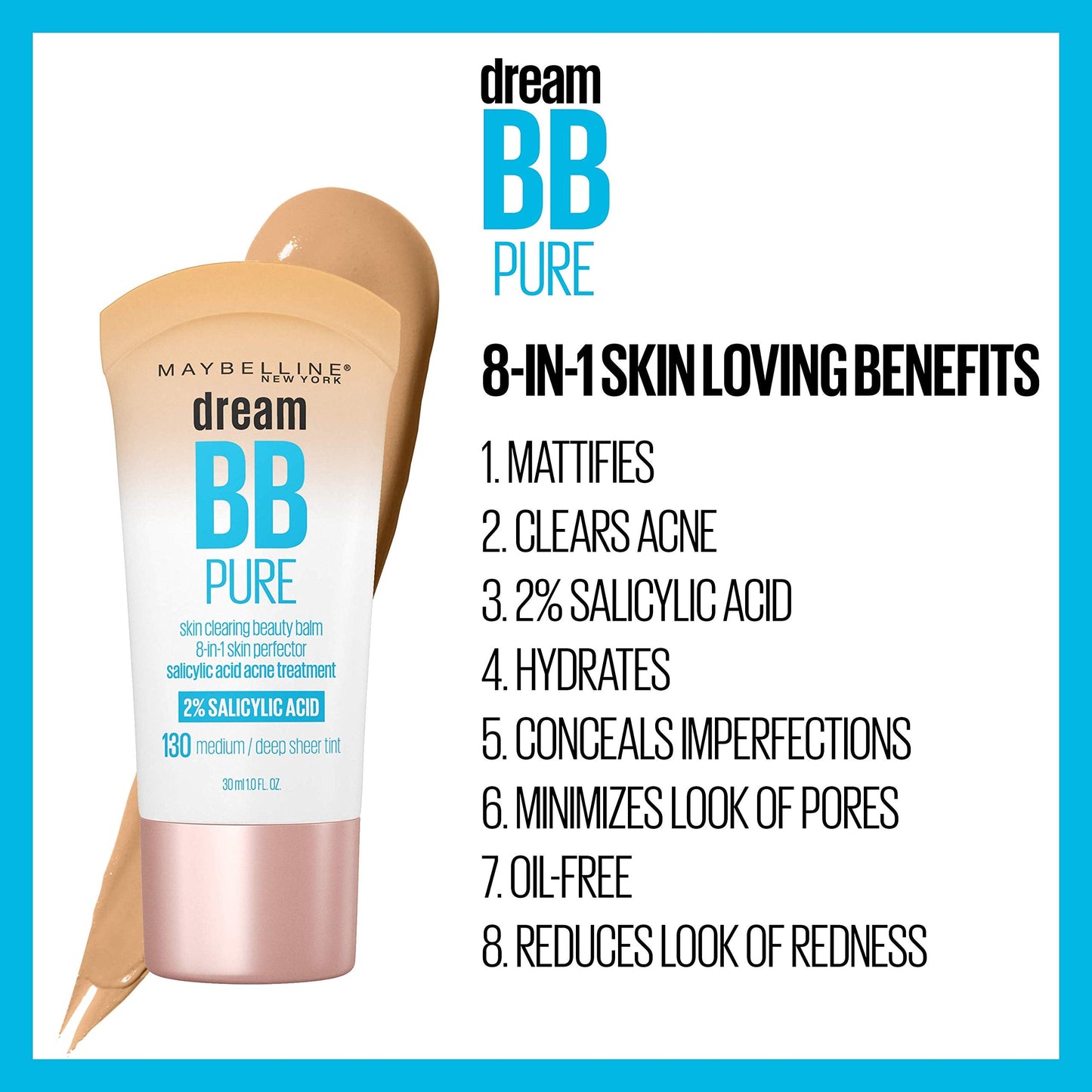 Maybelline Dream Pure BB Cream, 8-in-1 Skin Perfecting Beauty Balm with 2% Salicylic Acid, Oil-Free Sheer Tint for Acne-Prone Skin, Medium, 1 Count