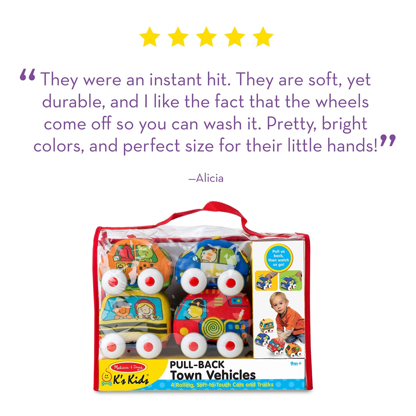 Melissa & Doug K's Kids Pull-Back Town Vehicle Set - Baby Toys Set with 4 Soft Toy Cars and Trucks, Surface Washable with Removable Wheels, Learning Toys for Babies and Toddlers