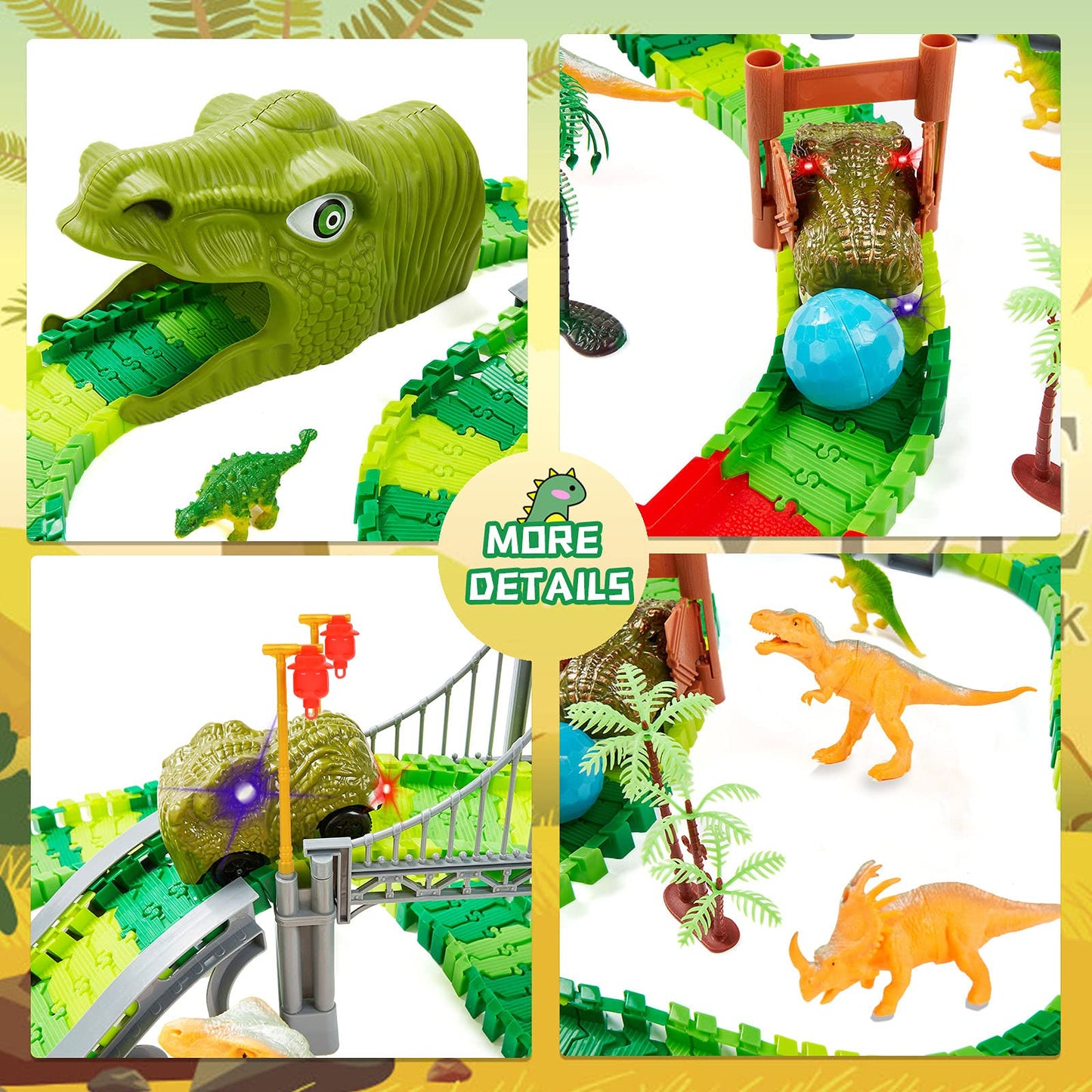 BEMITON Dinosaur Race Car Track Set – Flexible Dino Road Adventure Toys for Boys & Girls Ages 3-7, Perfect Christmas & Birthday Gift