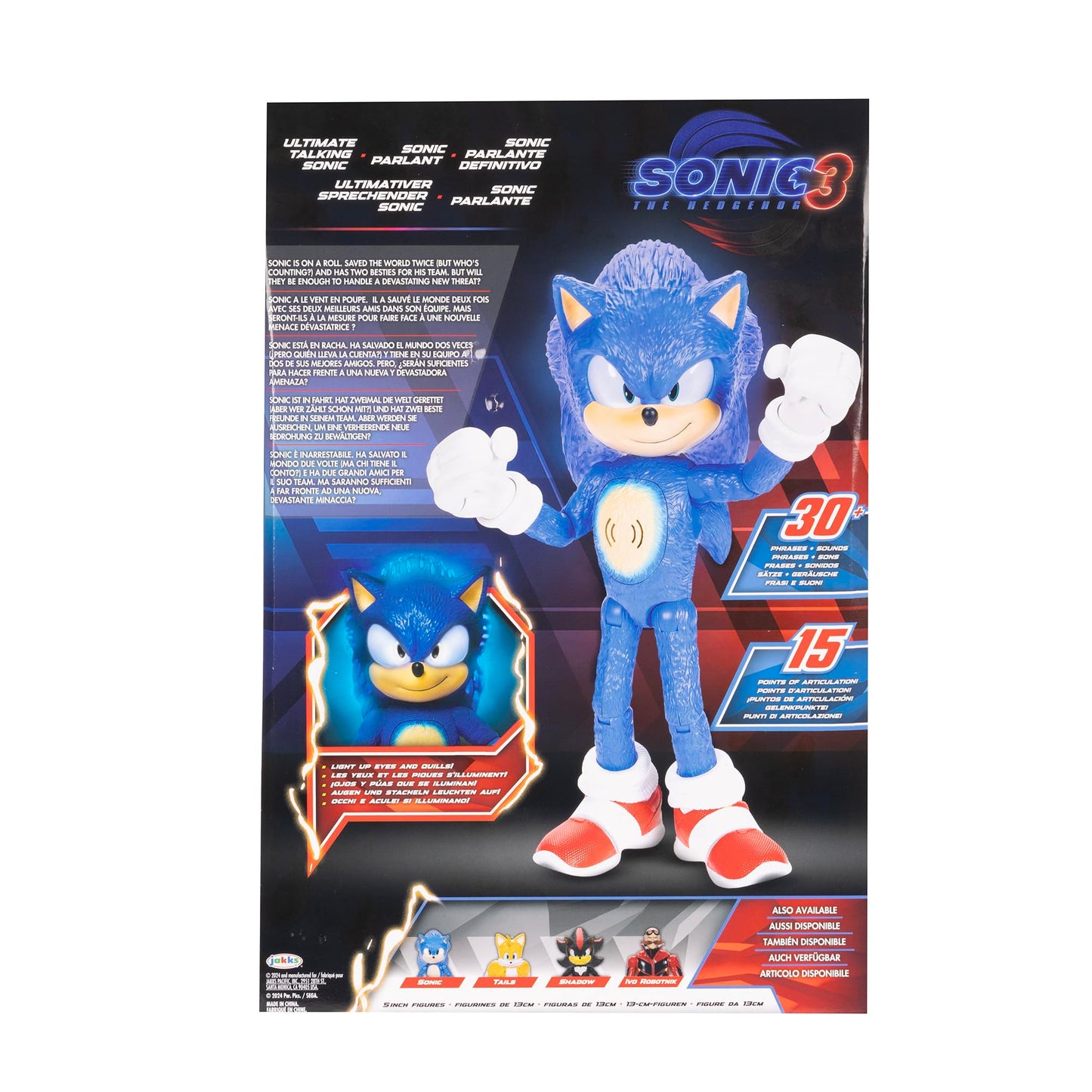 Sonic The Hedgehog 3 Ultimate 12" Talking Figure – 30+ Movie Phrases & Sounds, Light-Up Eyes & Quills