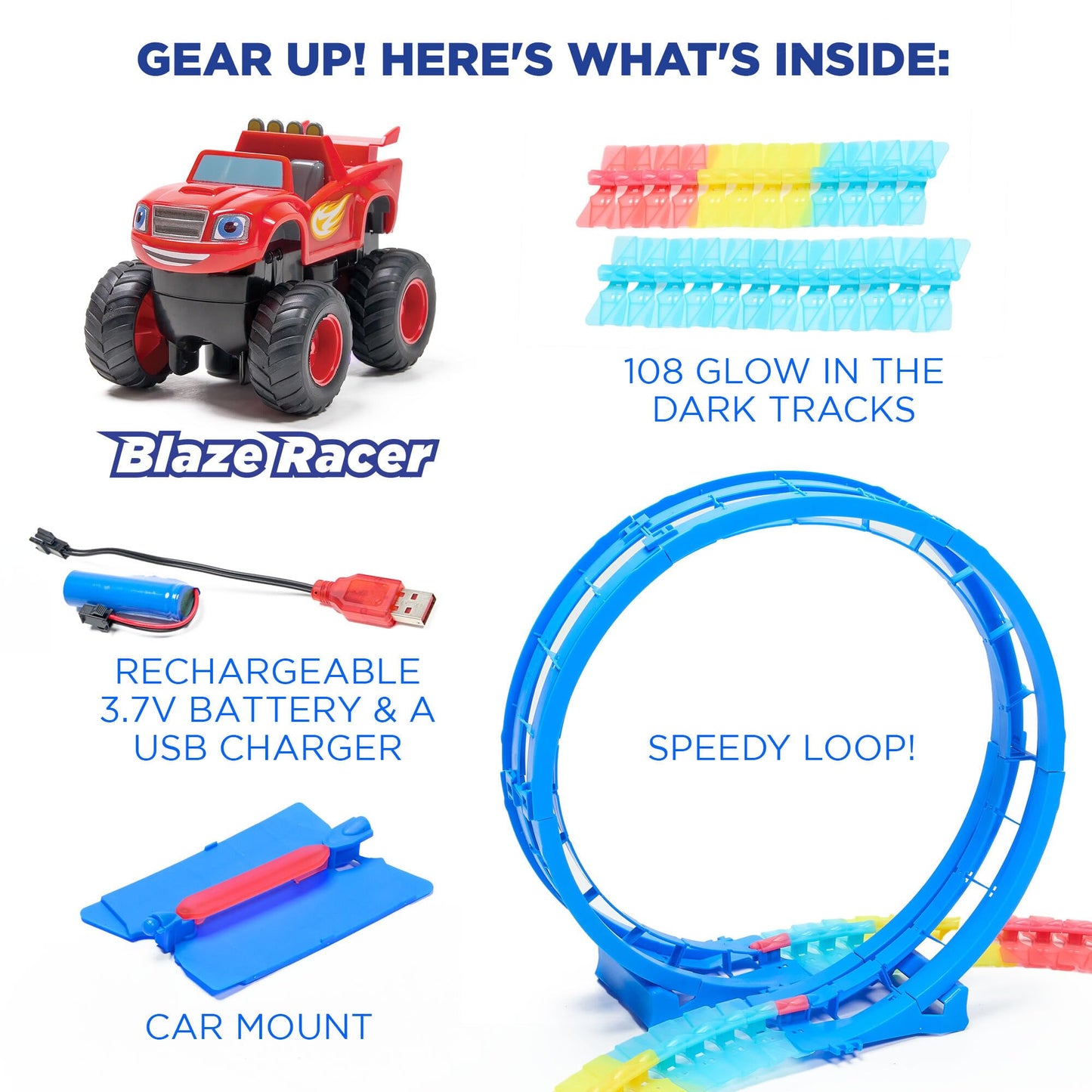 Blaze and The Monster Machines Race Track Set - 117-Piece STEM Glow Track Playset by JitteryGit, Nickelodeon Toy for Kids Ages 3-8, Red