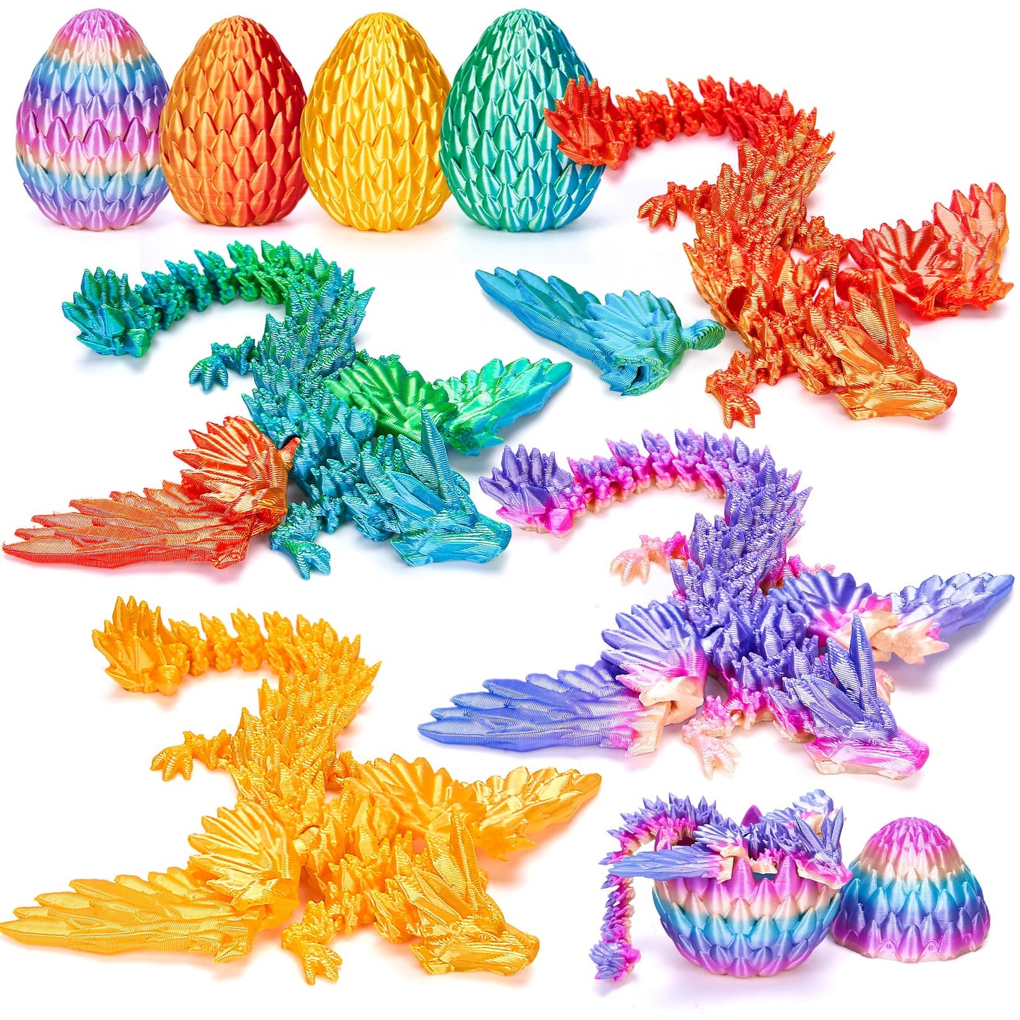 TBOLINE 4-Pack 3D Printed Dragons with Wings & Surprise Eggs, Articulated Flying Dragon Toys for Kids Ages 4-10, Boys & Girls Fidget Fun