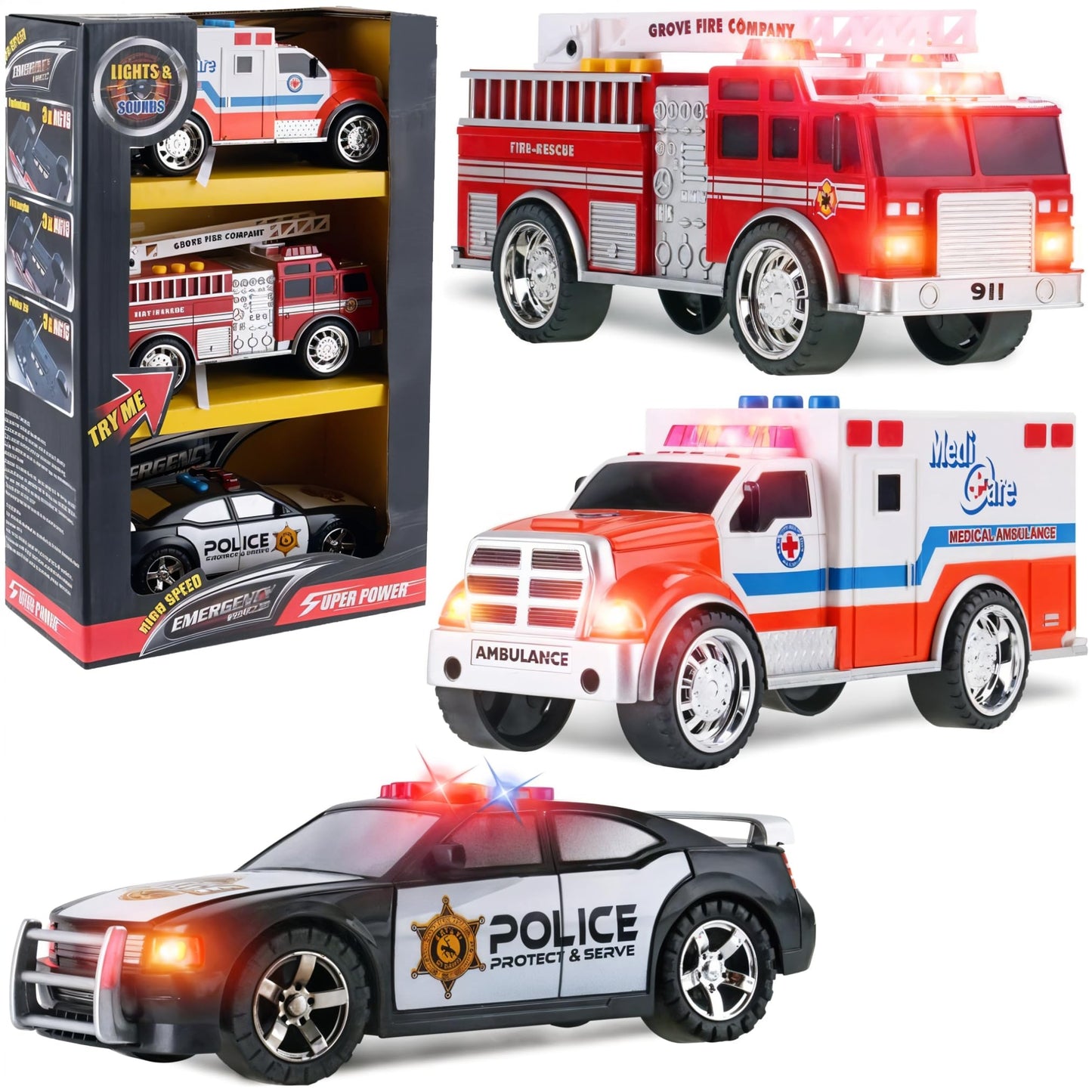 Liberty Imports 3-in-1 True Hero Rescue Vehicles Playset for Kids – Ambulance, Fire Truck & Police Car with LED Lights & Sound Effects