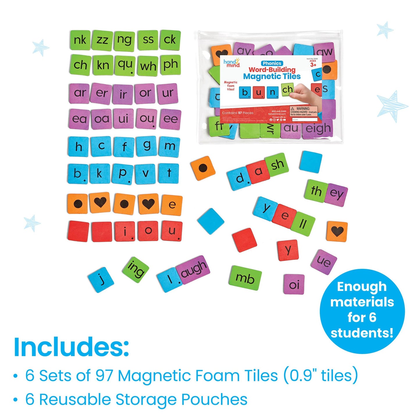 hand2mind Phonics Magnetic Letter Tiles, Word-Building & Letter Recognition for Kindergarten, Phonics, Phonemic Awareness (Set of 6)